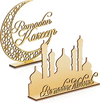 Queekay 2 Pieces Ramadan Wooden Ornaments Eid Mubarak Table Decoration Eid Mubarak Wooden Ornament for Happy Eid Mubarak Ramadan Home Room Table Decoration Craft Art