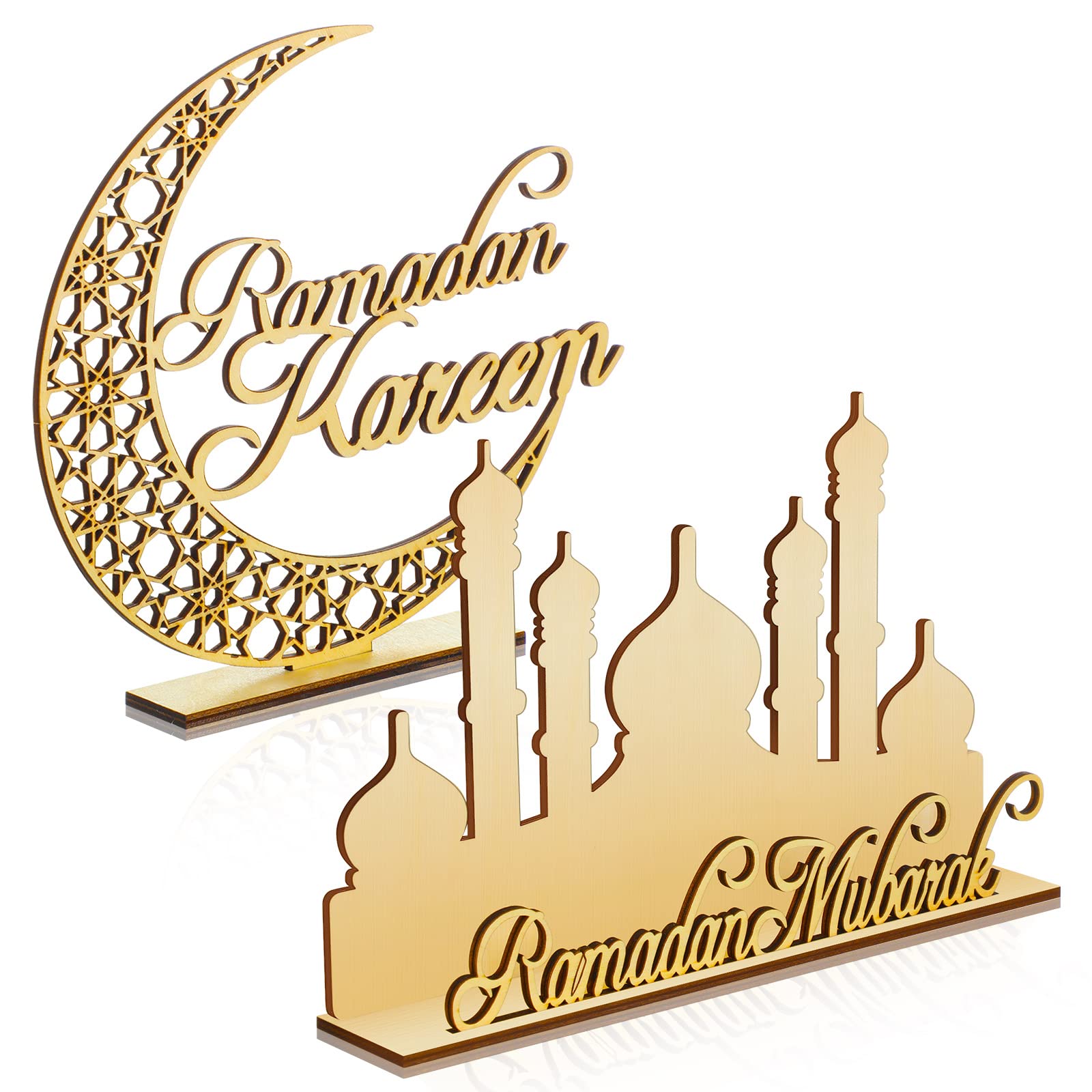 Queekay 2 Pieces Ramadan Wooden Ornaments Eid Mubarak Table Decoration Eid Mubarak Wooden Ornament for Happy Eid Mubarak Ramadan Home Room Table Decoration Craft Art