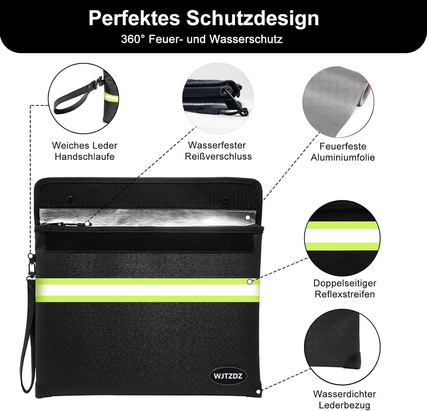 Paquete de documentos ignífugo mejorado, impermeable hasta 6500 °F con cremallera/tiras reflectantes, bolsa de almacenamiento para documentos en formato A4, dinero en efectivo, teléfono móvil