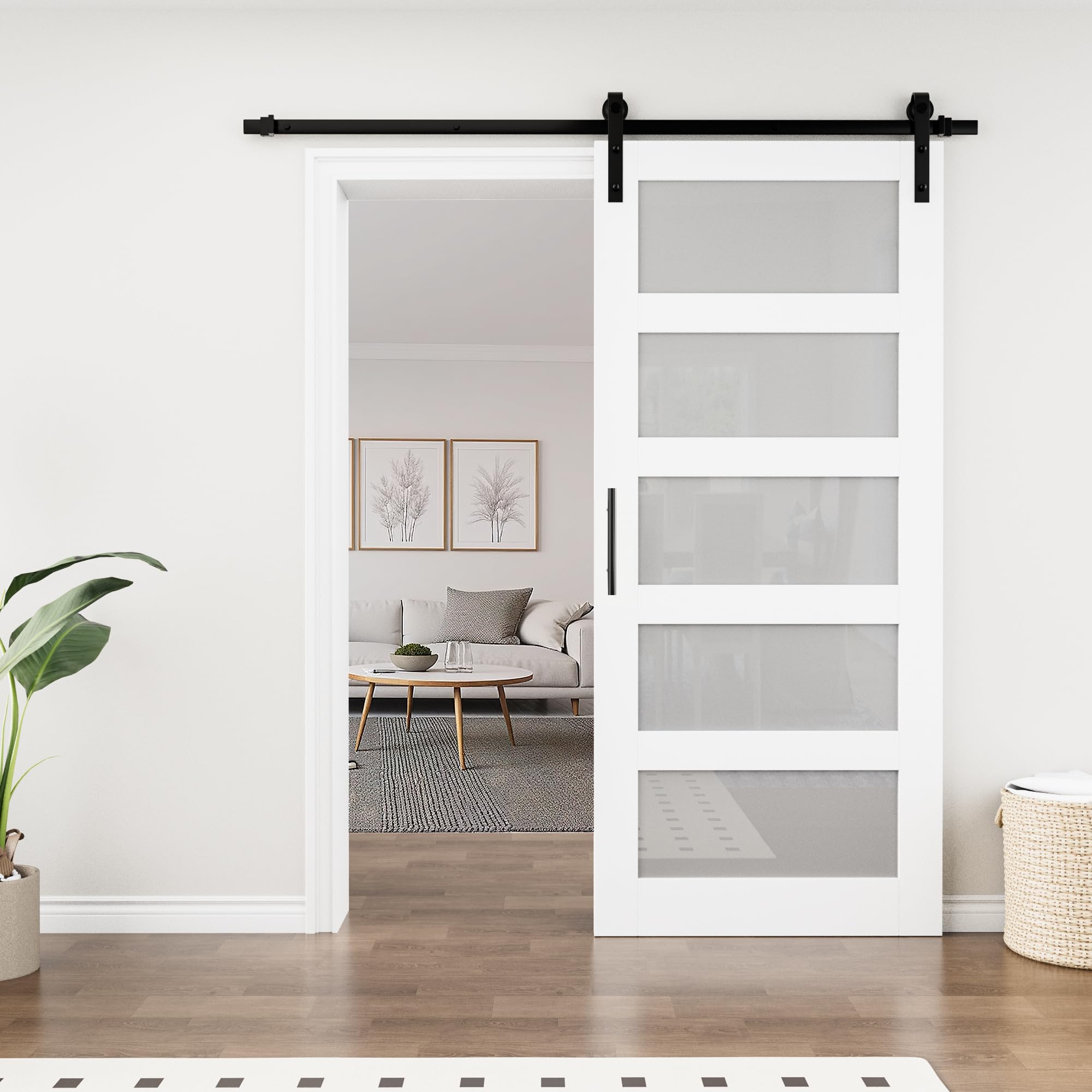 5-Lite Frosted Glass Paneled White Barn Door, 36" x 84"