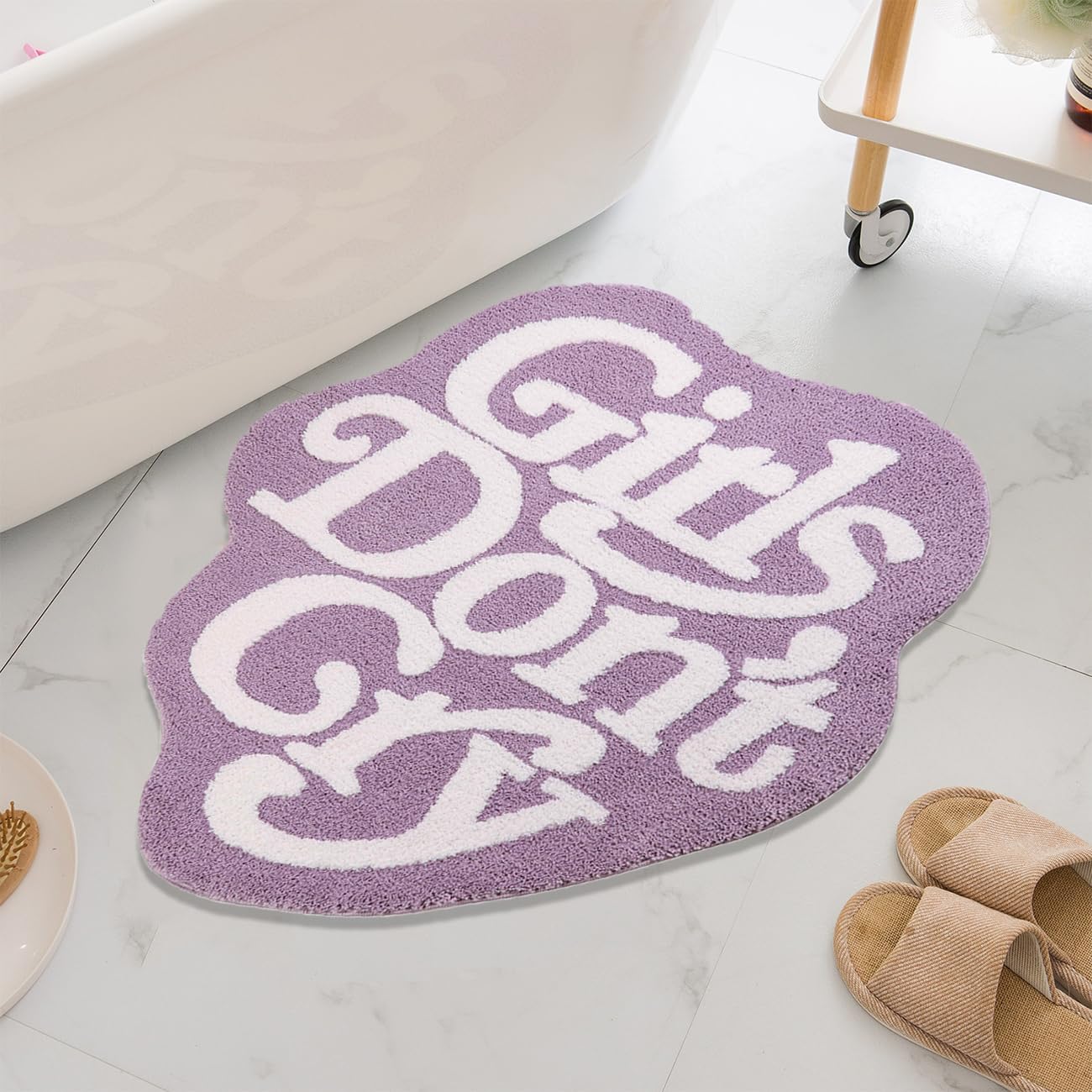 Girls Don't Cry Bath Rug Cute Pink Bath Mat Non Slip Absorbent Bathroom Floor Mat Soft Plush Washable Microfiber Shower Bath Rug Funny Decor for Bedroom Living Room, 3 x 3.3FT (Purple)