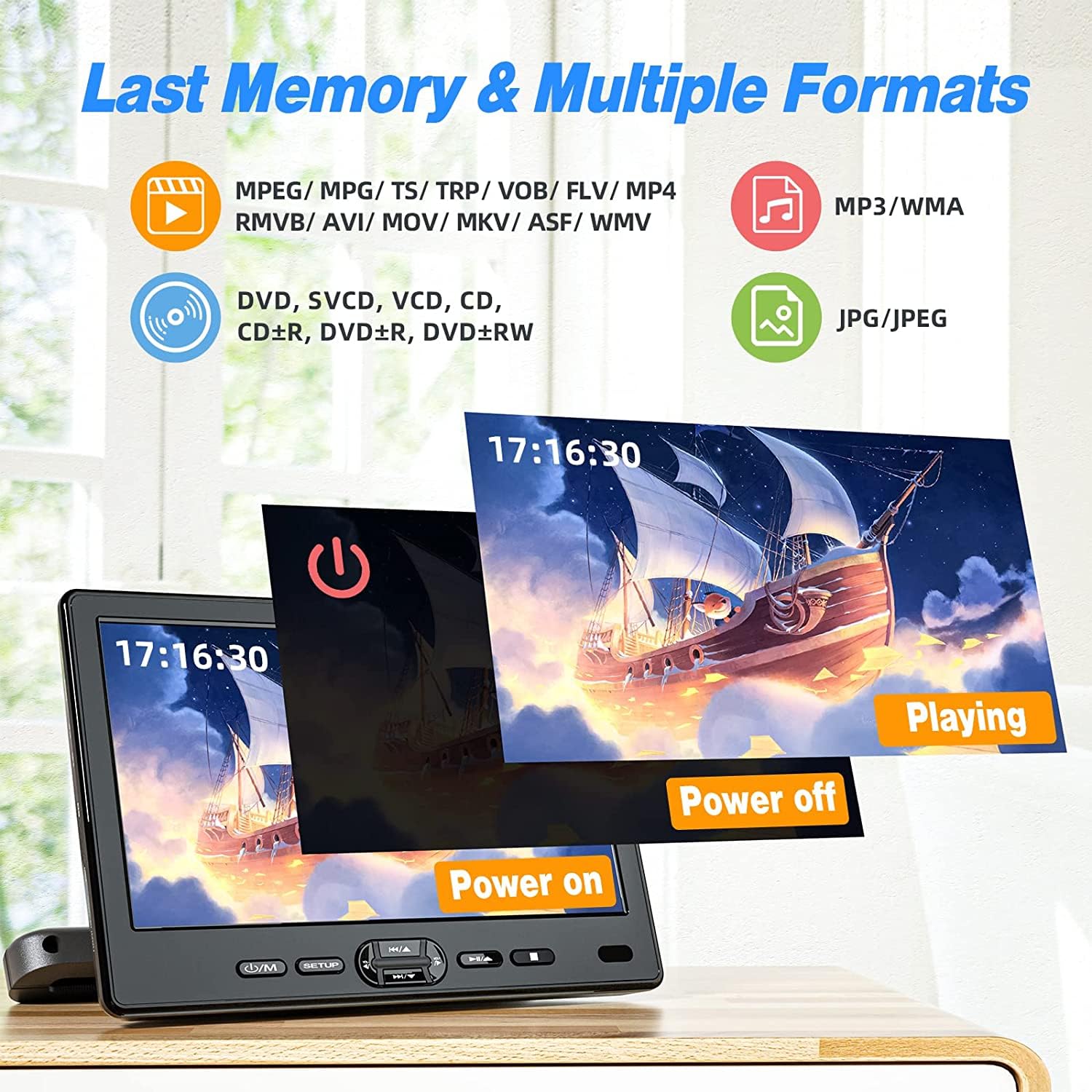 DESOBRY Lettore DVD per auto da 10,5 pollici con supporto per poggiatesta, lettore DVD portatile per auto con cuffie, ingresso disco a ventosa, supporto video 1080P