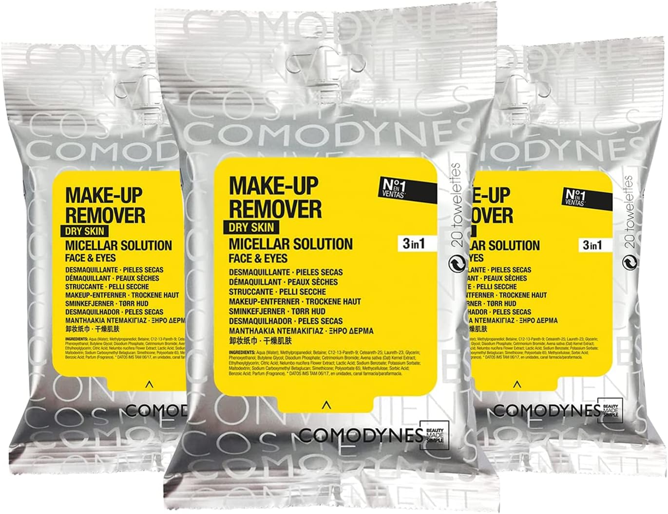 3 Pack COMODYNES Makeup Remover Towels Dry Skin 60 Wipes - Skin Care - The Wipes for Dry Skin Incorporate Skin-Friendly Active Ingredients and Natural Extracts with Nourishing Action