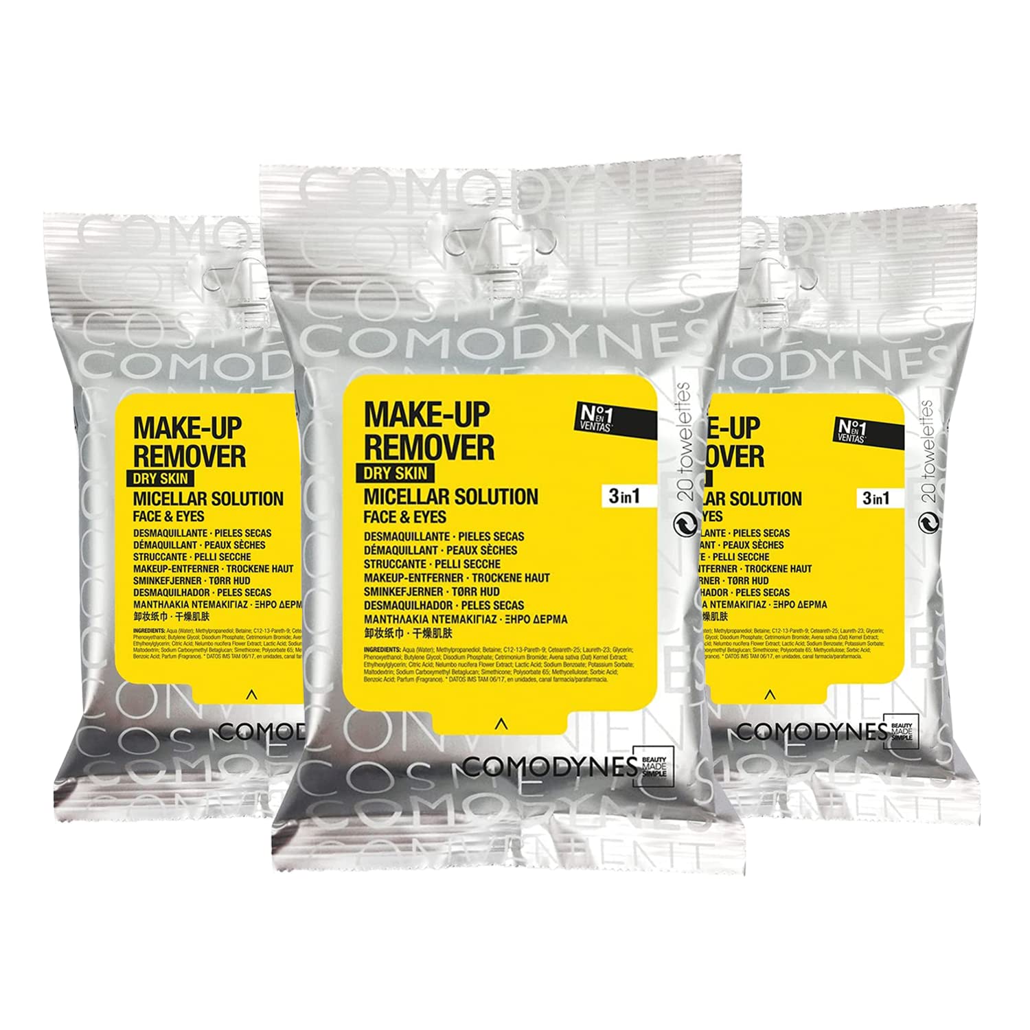 3 Pack COMODYNES Makeup Remover Towels Dry Skin 60 Wipes - Skin Care - The Wipes for Dry Skin Incorporate Skin-Friendly Active Ingredients and Natural Extracts with Nourishing Action