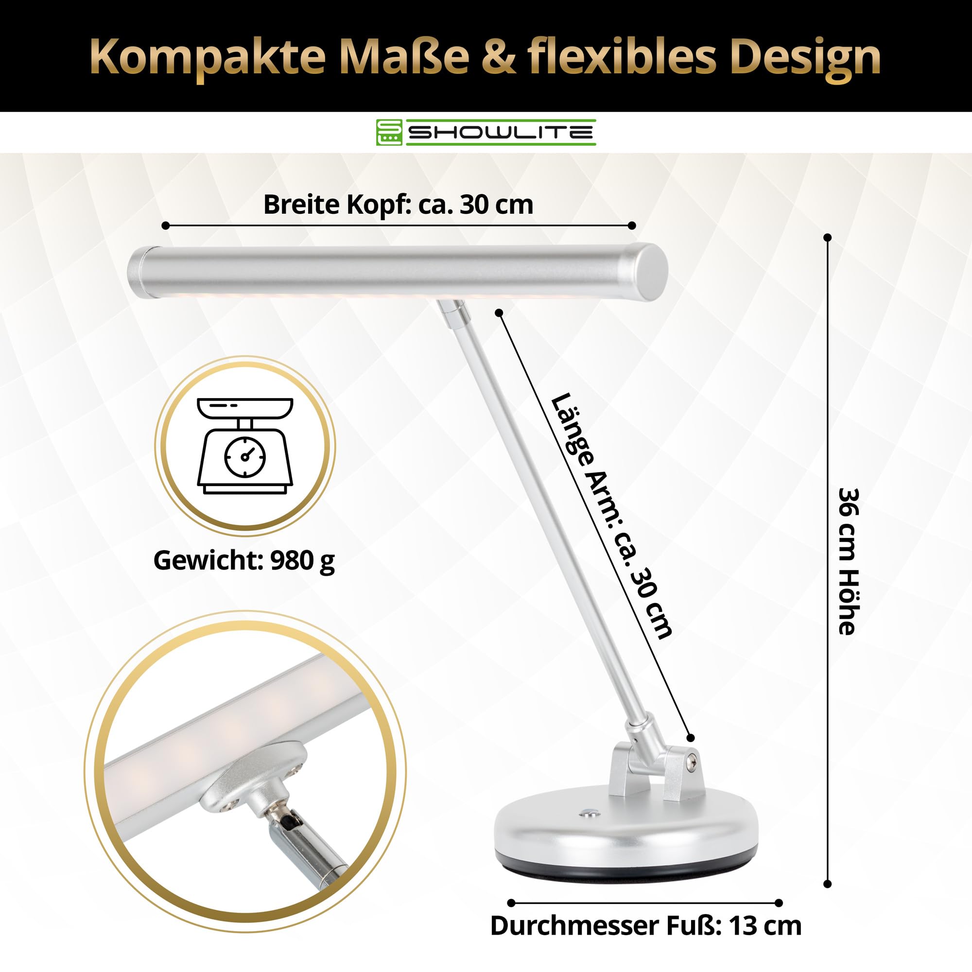 Showlite PL-1-SL-KW LED Klavierleuchte - Klavierlampe mit 15 LEDs - warmweißes Licht in 2 Stufen - 36 cm Höhe - Betrieb per USB, Netzstrom oder Batterie - silber matt