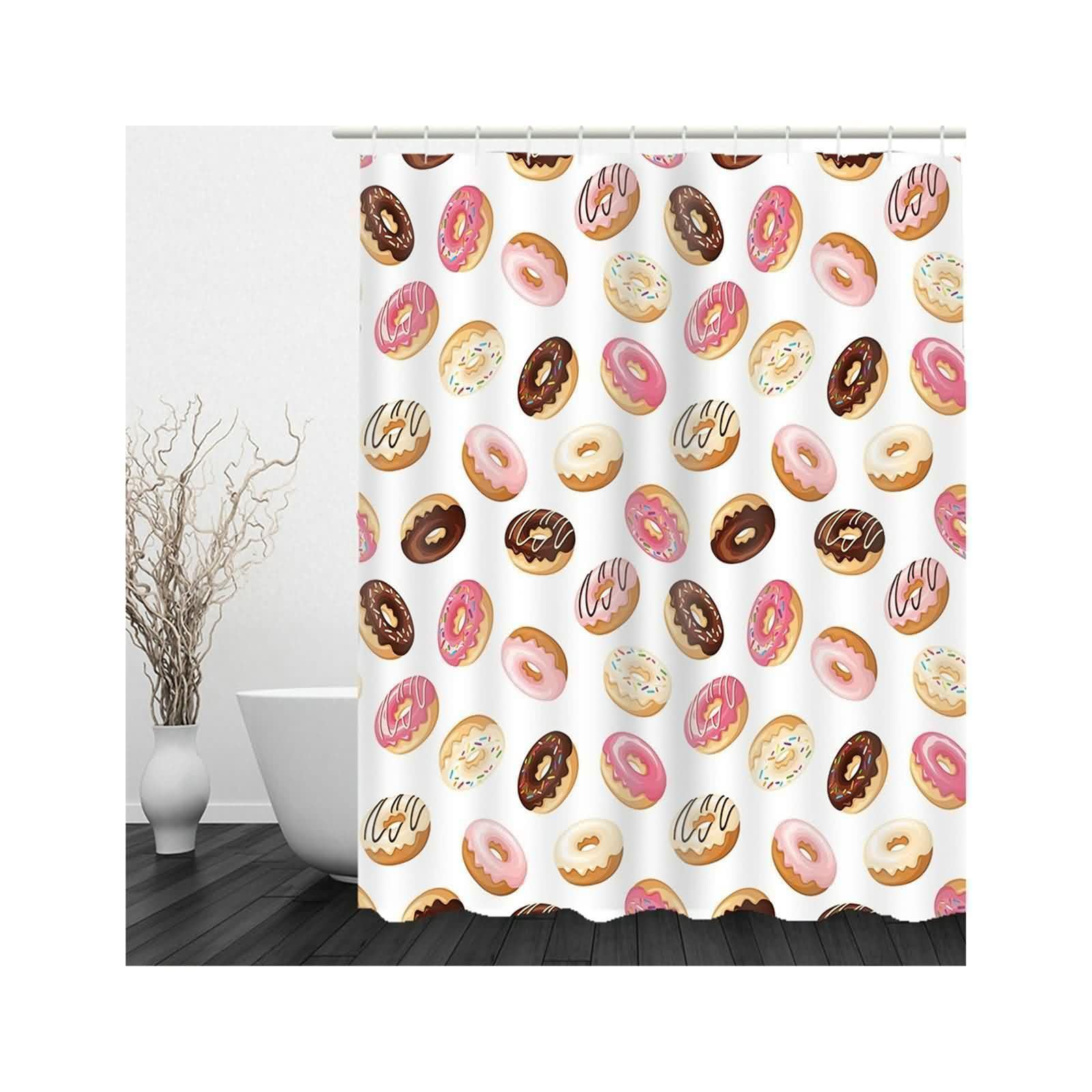 Rideau de douche en tissu anti moisissure rose marron donuts