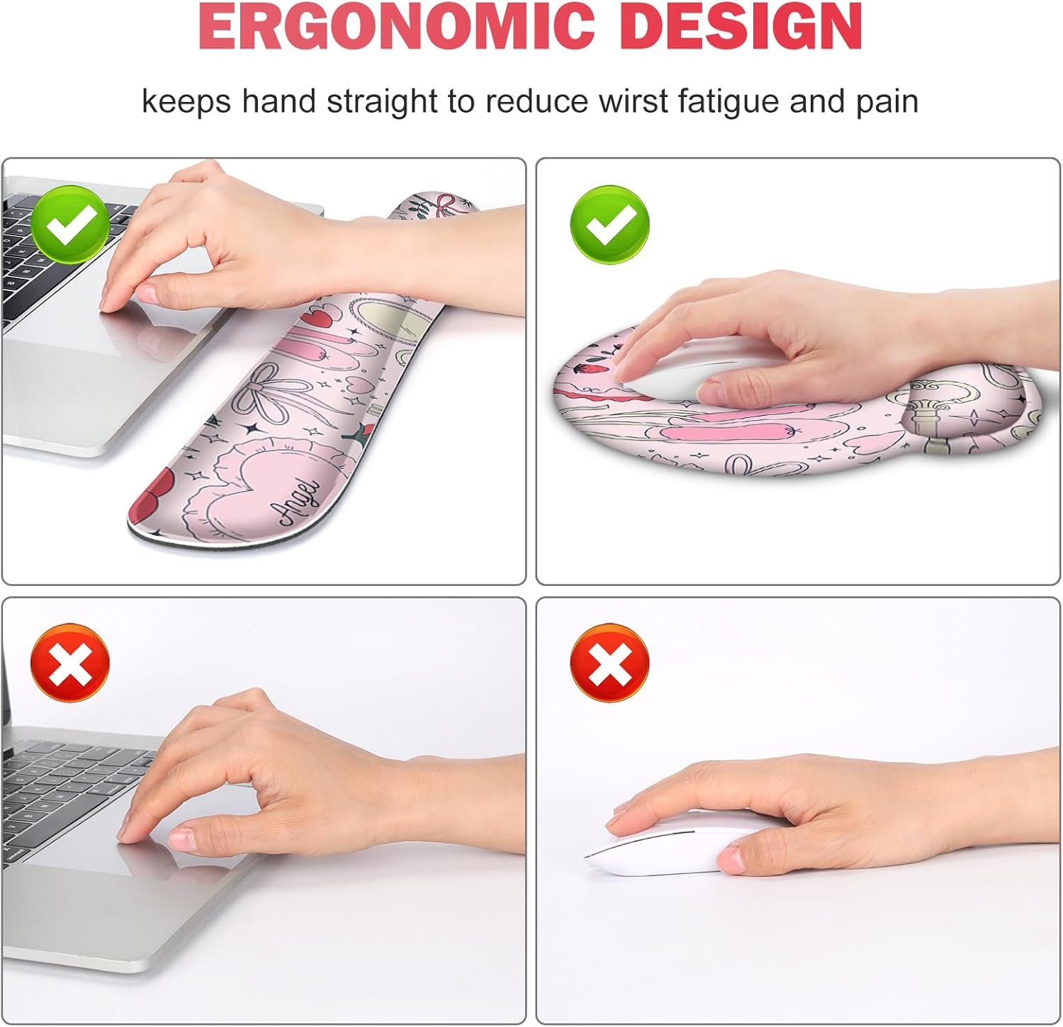 Gaming Mouse Pad, Large Desk Mat, Cute Desk Pad Protector, 4in1 XXL Mousepad + Keyboard Wrist Rest+Mouse Wrist Rest+Coaster Set with Ergonomic Desk Pad for Home Office Computer, Adorable Rose Bow