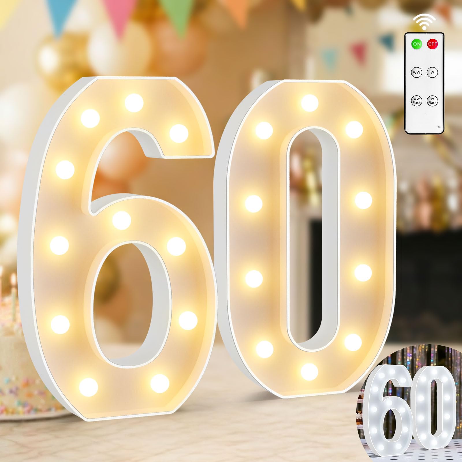 32CM LED Zahlen Lampe Nummer Beleuchtete Ziffern 60,Warmes & Kaltes Weiß Led Leuchtzahlen mit Fernbedienung für Happy Birthday Deko,Party Deko,Hochzeitsdeko,Batteriebetriebene,Desktop Wandtischdeko