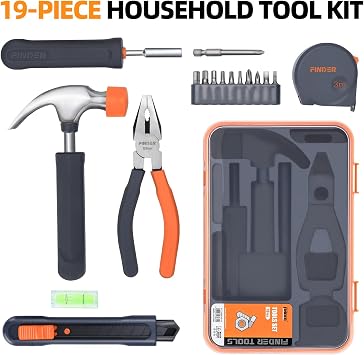 Finder Small Tool Kit 19 Piece General Household Tool Set, Mini Tool Kit Basic Hand Tools Kit with Plastic Toolbox Storage Case for Home Repair (Orange)