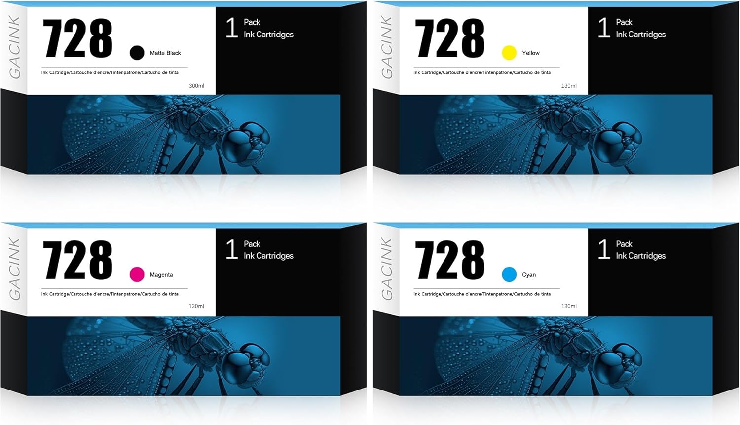 728 Ink Cartridges 4 Pack (300ml Matte Black / 130ml Cyan/Magenta/Yellow) Compatible with HP DesignJet T830 MFP & T730 Large Format Plotter Printers