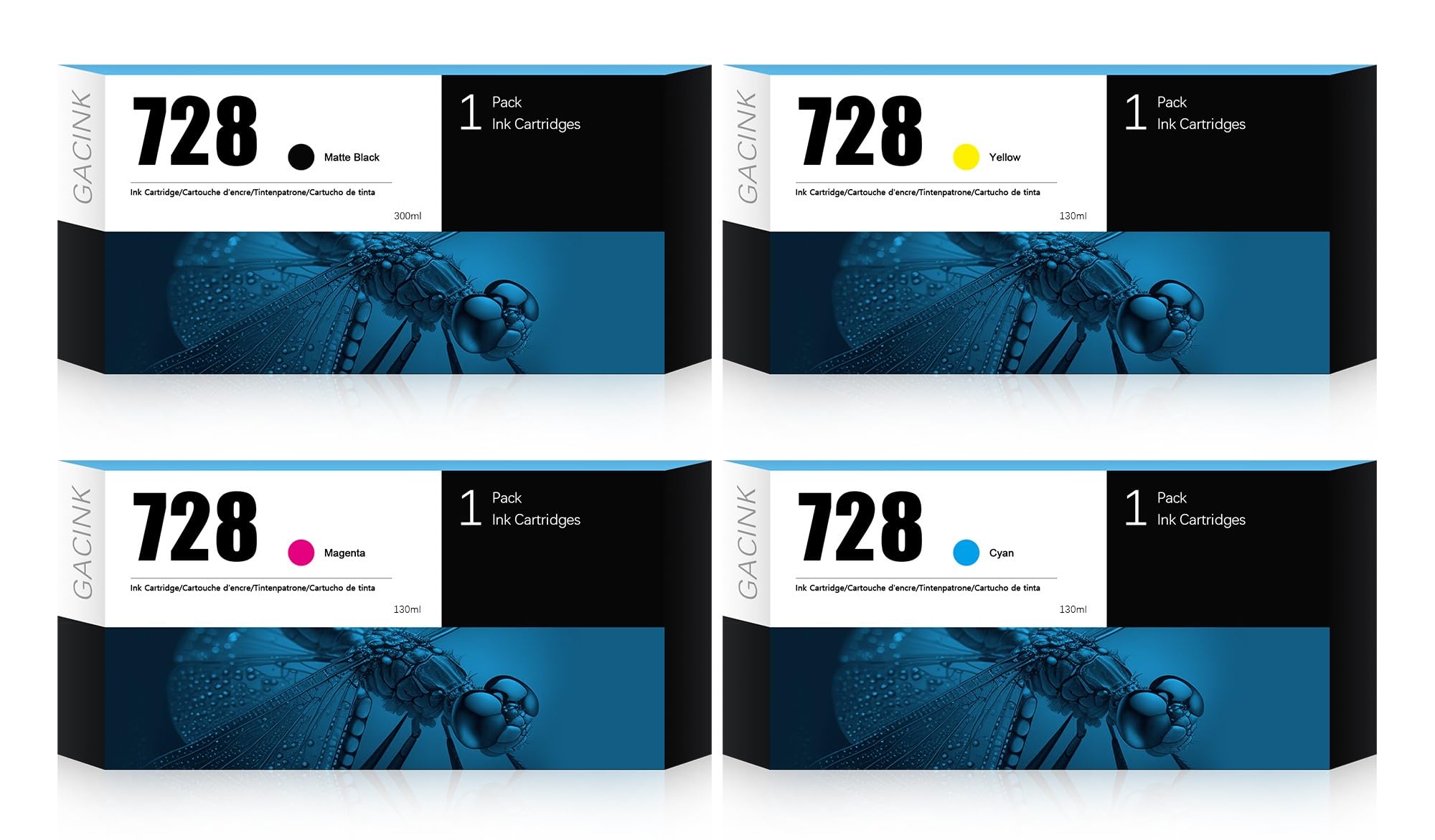 GACINK 728 Ink Cartridges 4 Pack (300ml Matte Black / 130ml Cyan/Magenta/Yellow) Compatible with HP DesignJet T830 MFP & T730 Large Format Plotter