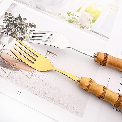 Miniatura 4 de Juego de 8 tenedores de bambú natural para ensalada, tenedor de postre para el hogar, boda, fiesta o restaurante, uso diario, acero inoxidable 304,