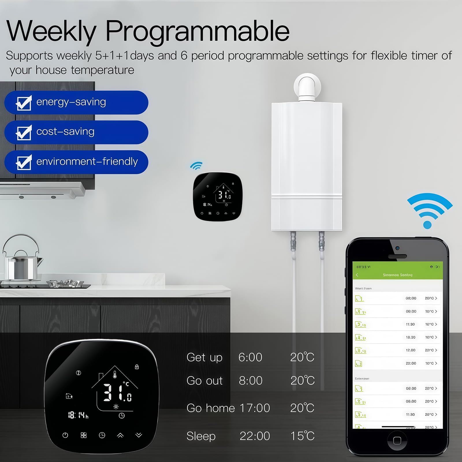 001 Serie WI-FI Termostato - Termostato Programmabile Touch Screen per Riscaldamento Acqua/Elettrico/Caldaia - Controllo Remoto Tramite Cellulare Funziona con Alexa, Google Home, IFTTT