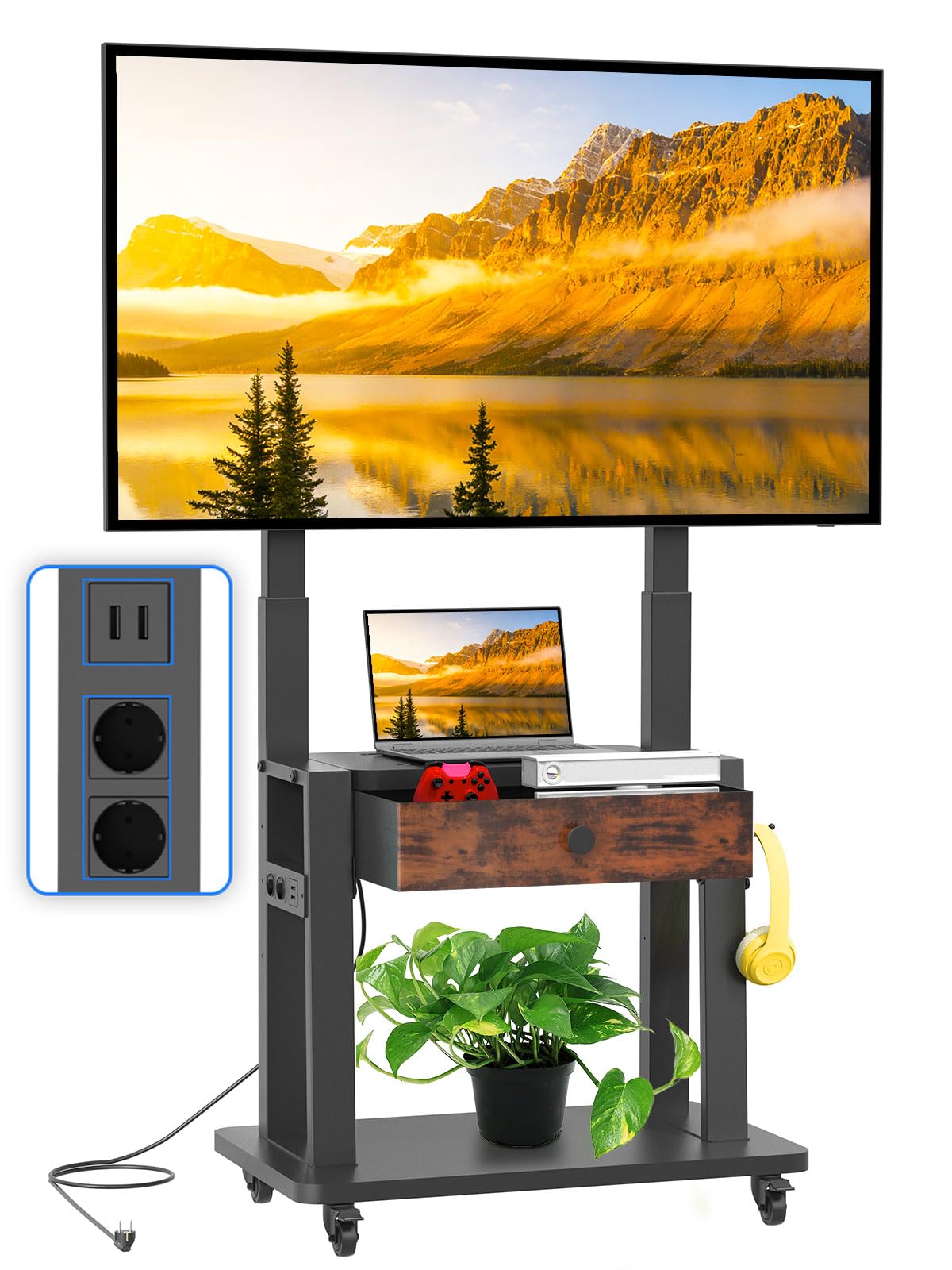 Maiproo Supporto TV con presa di corrente, per schermi piatti e curvi da 32 a 75 pollici, fino a 100 kg (LCD/LED/OLED), supporto mobile per TV con cassetto in tessuto e ruote, altezza regolabile