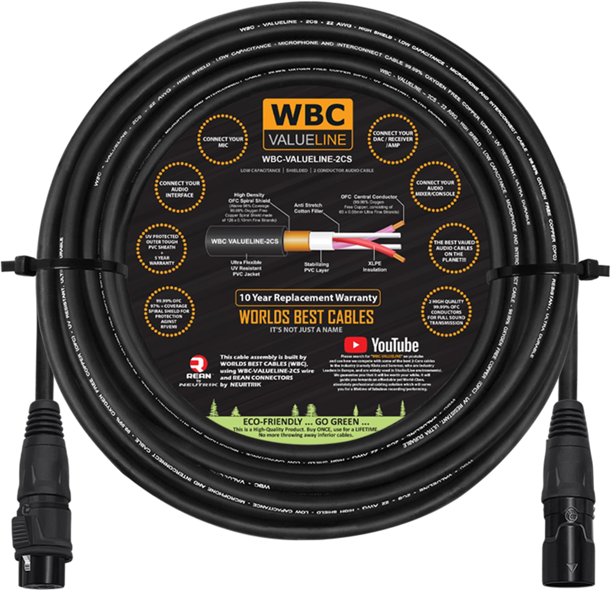 WBC-VALUELINE-2CS (22 AWG) - 100 Foot–Low-Capacitance Shielded Balanced Flexible Microphone, Active-Speaker & Interconnect Cables with Neutrik-Rean IP65 Rated Gold XLR Connectors