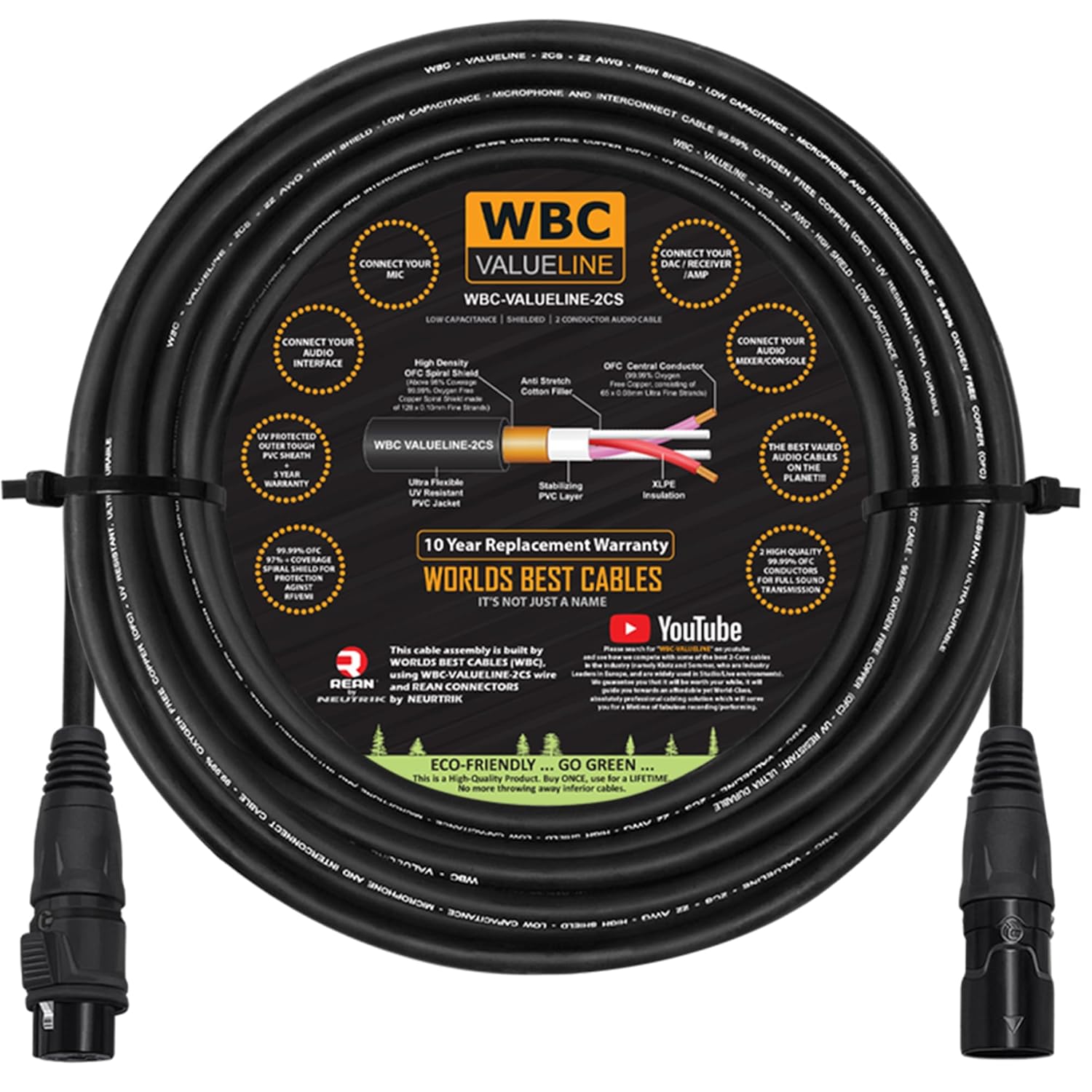 WBC-VALUELINE-2CS (22 AWG) - 20 Foot–Low-Capacitance Shielded Balanced Flexible Microphone, Active-Speaker & Interconnect Cables with Neutrik-Rean IP65 Rated Gold XLR Connectors