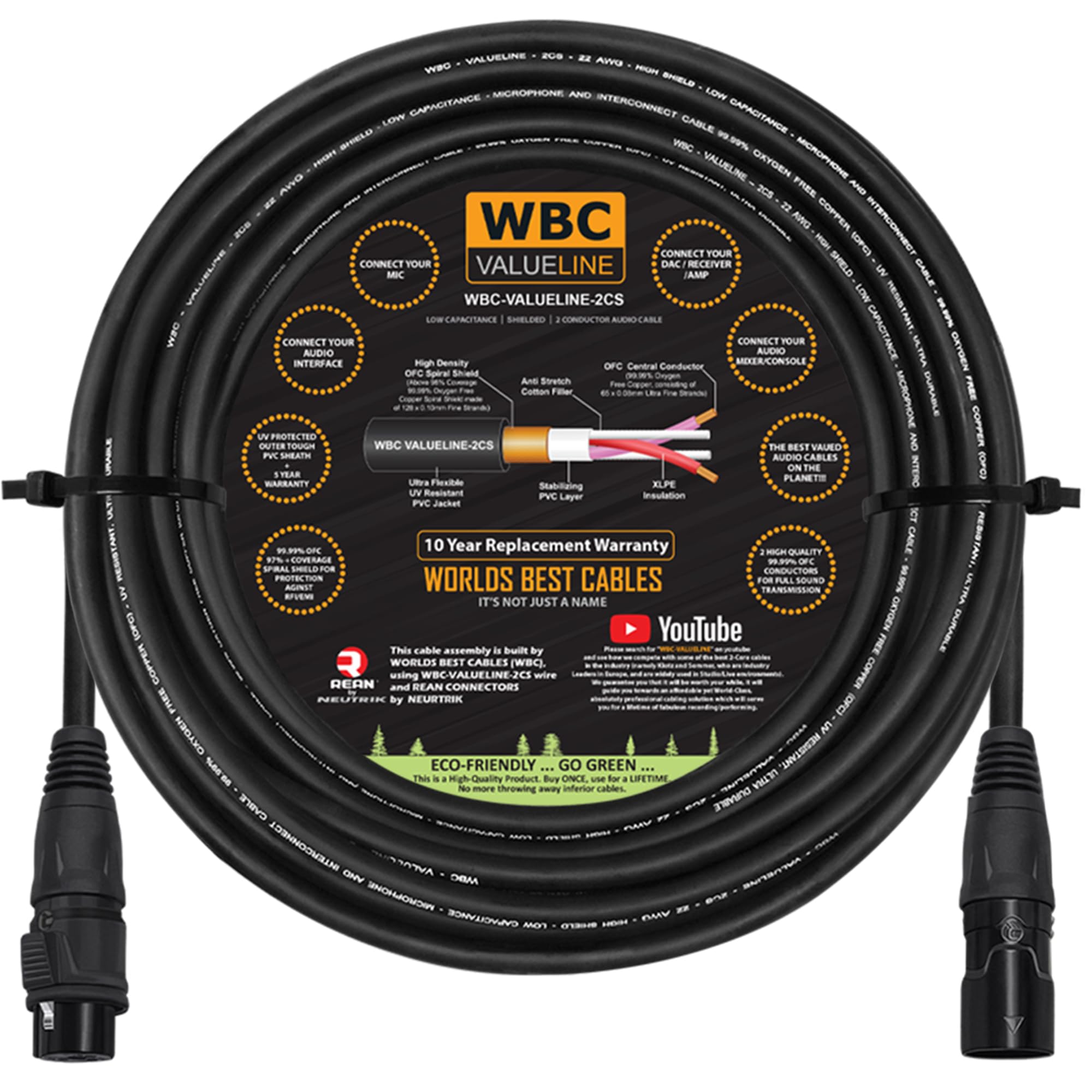 WBC-VALUELINE-2CS (22 AWG) - Micrófono flexible equilibrado y blindado de baja capacitancia de 125 pies, altavoces activos y cables de interconexión con conectores XLR dorados Neutrik-Rean IP65