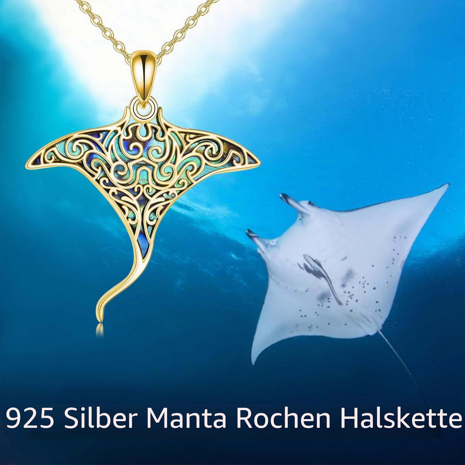 ONEFINITY Rochenhalskette 925 Sterling Silber Vergoldet Manta Rochen Anhänger Abalone Muschel Meer Tier Schmuck Geschenk