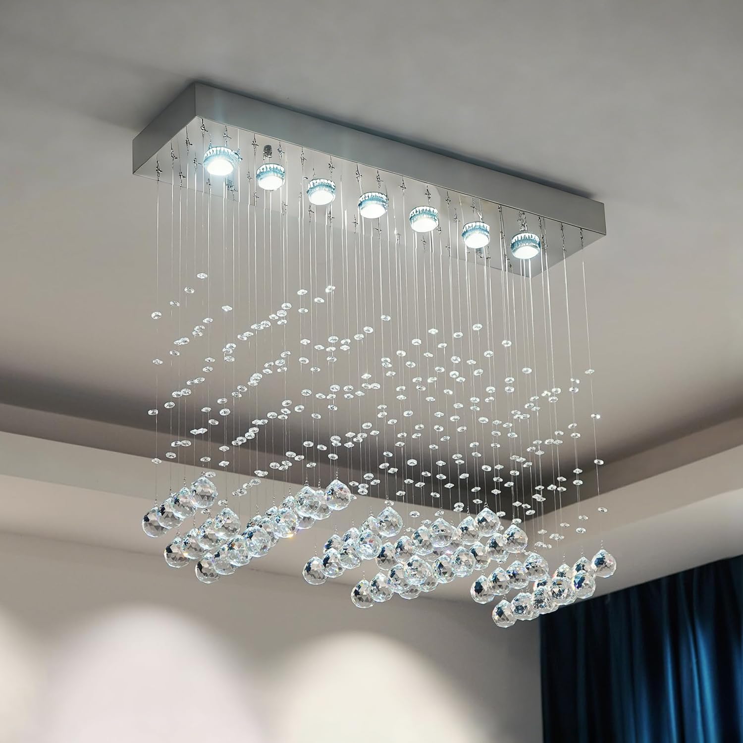 Crystal Chandelier Modern Chandelier 7-Light Rectangular Deluxe Wave Chandelier Ceiling Light Fixture Raindrop Chrome Flush Mount Pendant Lamp for Kitchen Island Bedroom Dining Room