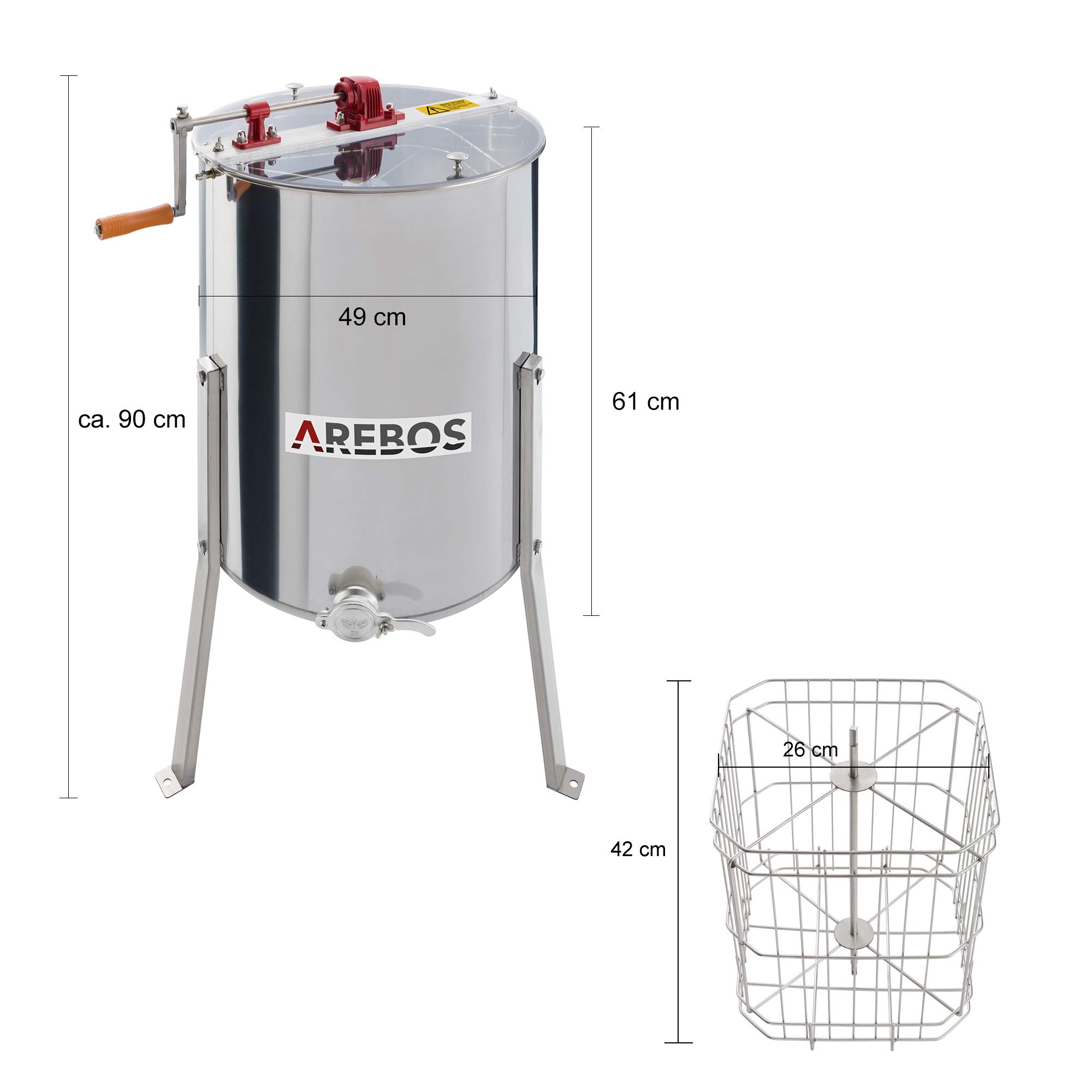 Arebos Extracteur manuel de miel/Extracteur tangentiel | Acier inoxydable | Extracteur 4 rayons | Couvercle anti-éclaboussures | Accessoires apicoles et apiculteurs