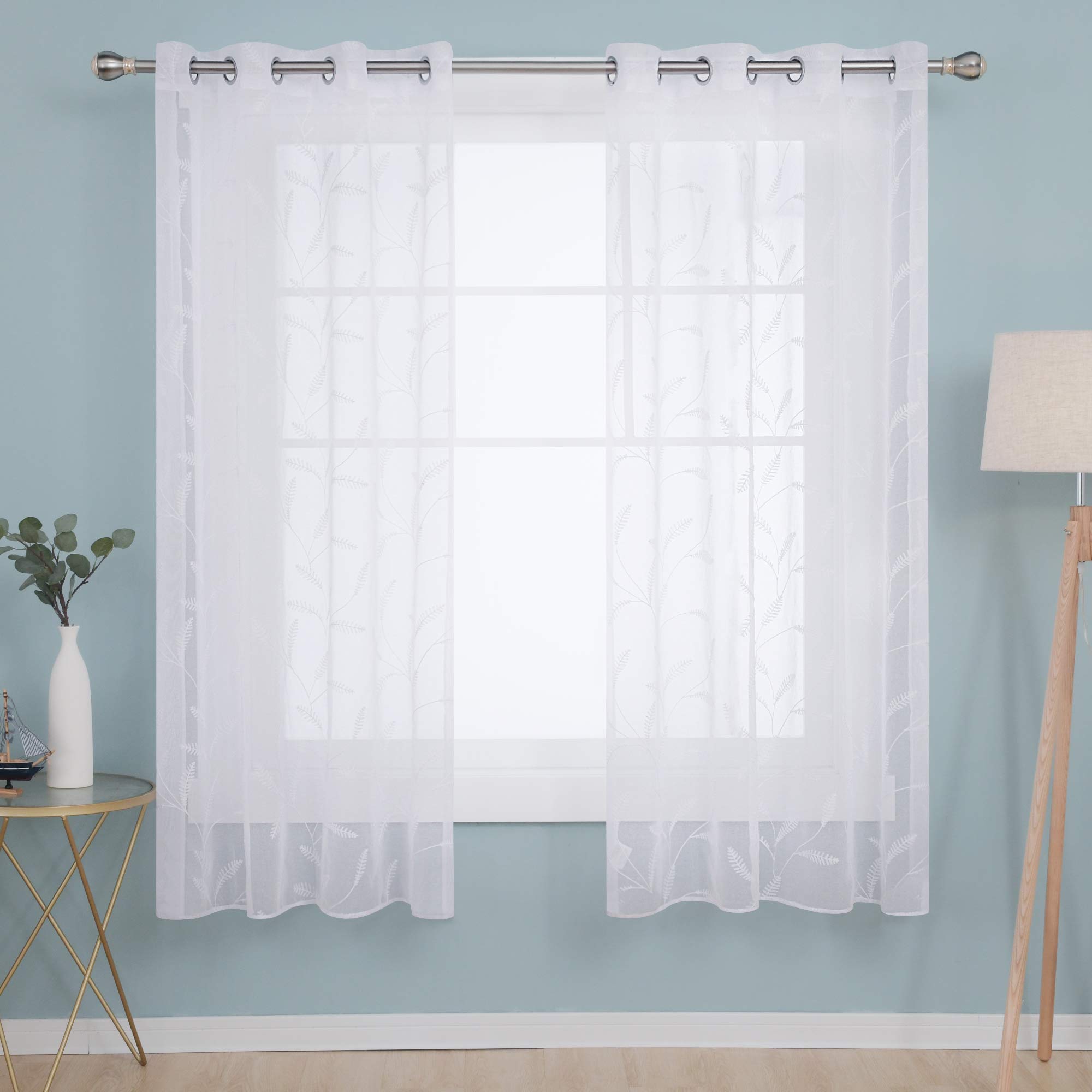 Deconovo Grass-White Faux Linen Embroidered Wheat Ears Floral Sheer Curtains Home Decorative Voile Curtains Eyelets Net Curtains For Bedroom 55 X 102 Inch White One Pair