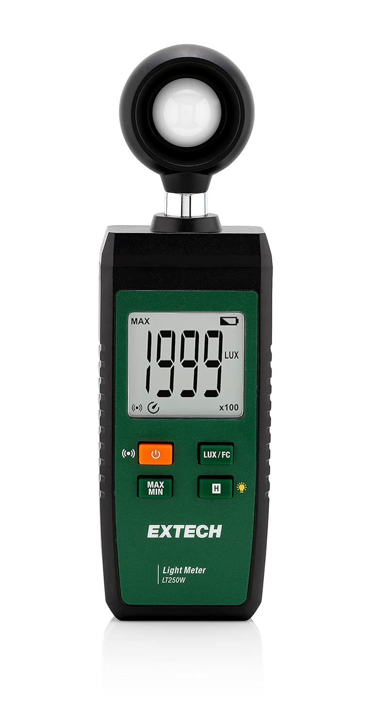 Extech LT250W Wireless Light Meter with ExView App Connectivity – Digital Lux/FC Sensor, Real-Time Monitoring, Data Logging, Graphing, Min/Max/Avg, Portable LED Lighting Tester