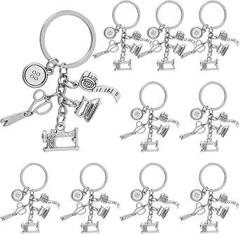 10Pcs Sewing Keychain Alloy Quilting Keyrings Sewing Machine Scissors Clew Button Measuring Tape Iron Charm Keychains for Women Men Gift