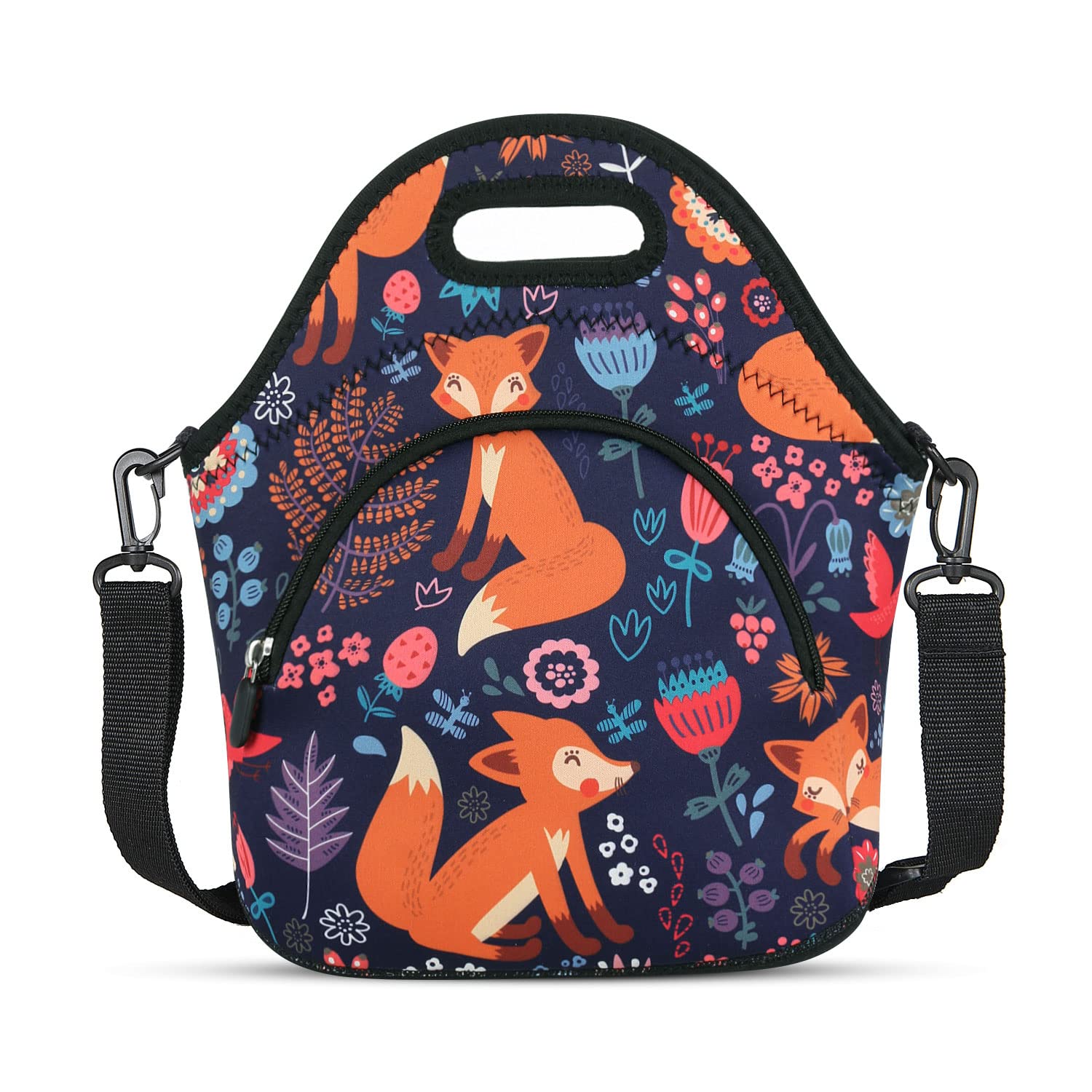 Violet Mist Neoprene Thermal Insulated Resuable Lunch Bag Tote Large with Extra Pocket Detachable Adjustable Shoulder Cute Fox Animal Cartoon Lunchbox