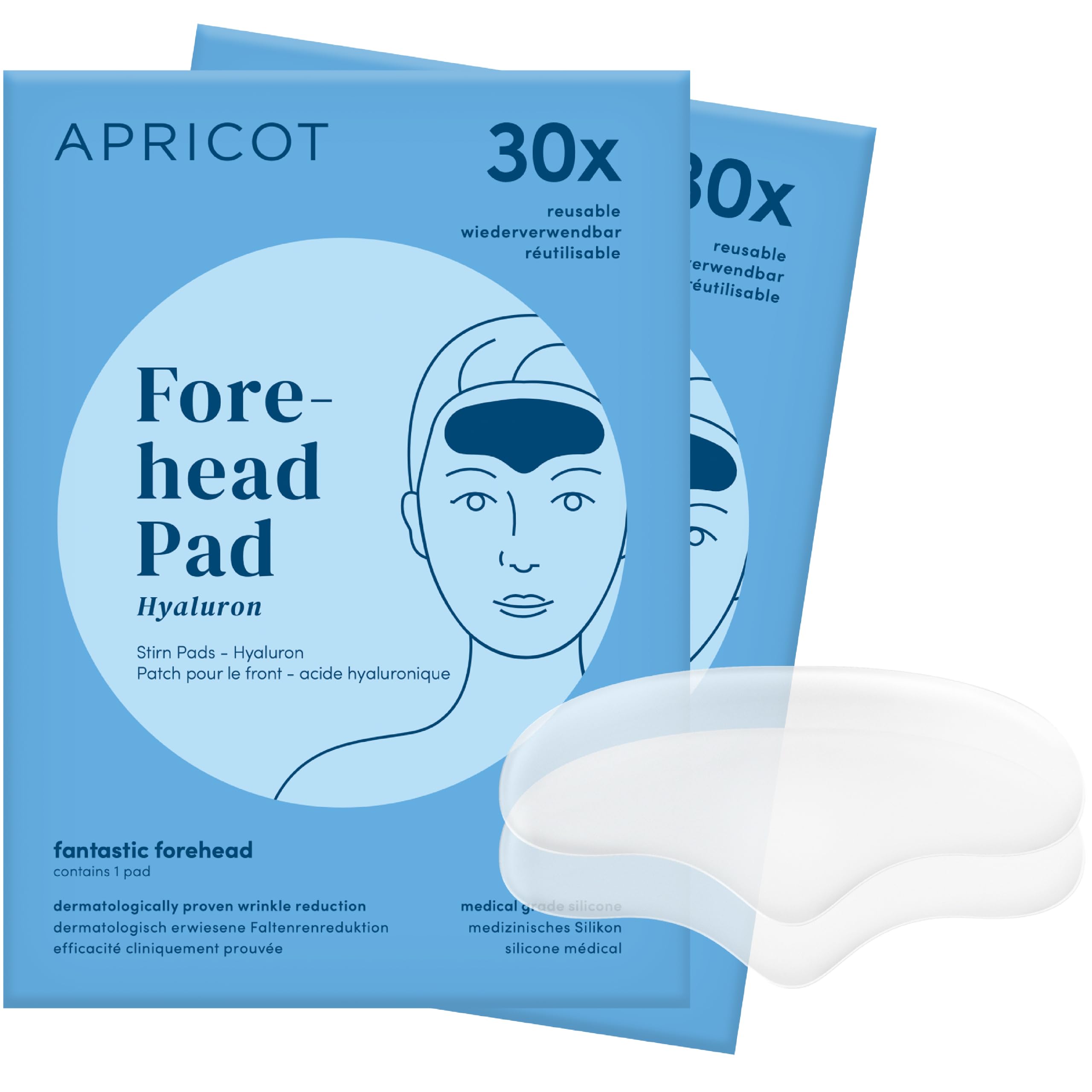 APRICOT Stirn Pads gegen Falten 2x aus medizinischem Silikon mit niedermolekularem Hyaluron, Stirn- und Zornesfalte Glätten - 60x Wiederverwendbar, Dermatologisch geprüft, Vegan & Tierversuchsfrei
