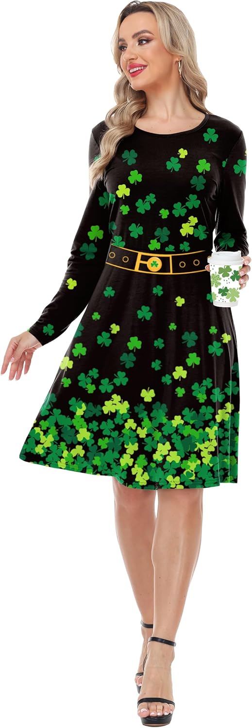 Women St Patricks Day Dress Irish Lucky Shamrock Graphic Midi Dresses S-2XL - Image 6
