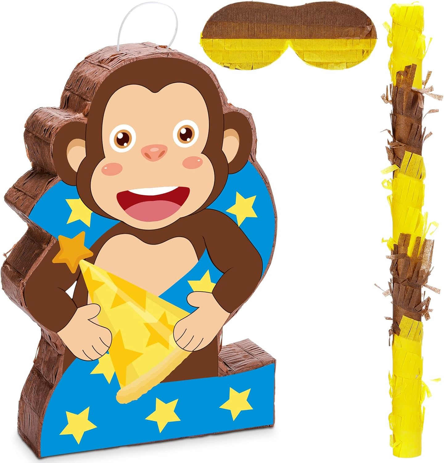 Curious Monkey Piñata Birthday Party Decorations 15.7" Number 2 Monkey Piñata with Blindfold Stick for Baby Toddler Boys Girls 2nd Birthday Party Supplies and Decorations