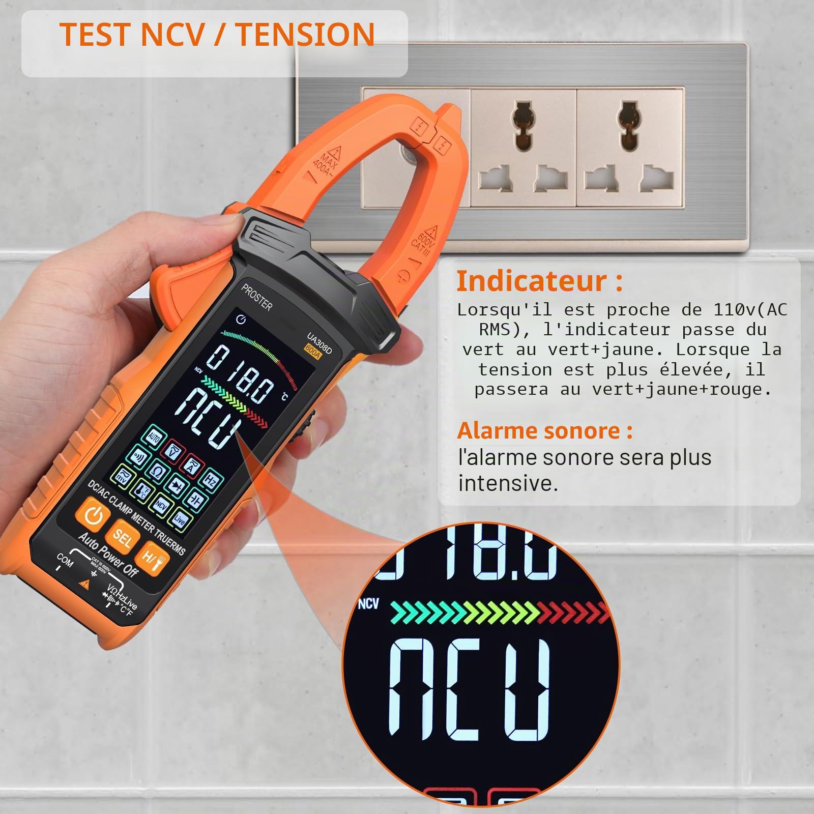 Proster 600A Pince Ampèremétrique NCV Numérique Intelligente, 6000count Multimetre Professionnel TRMS Écran Couleur Pince Multimètre Courant Tension AC/DC Continuité Résistance Fréquence Température | TRMS 6000 Comptes, Mesure de Courant Tension AC/DC Con