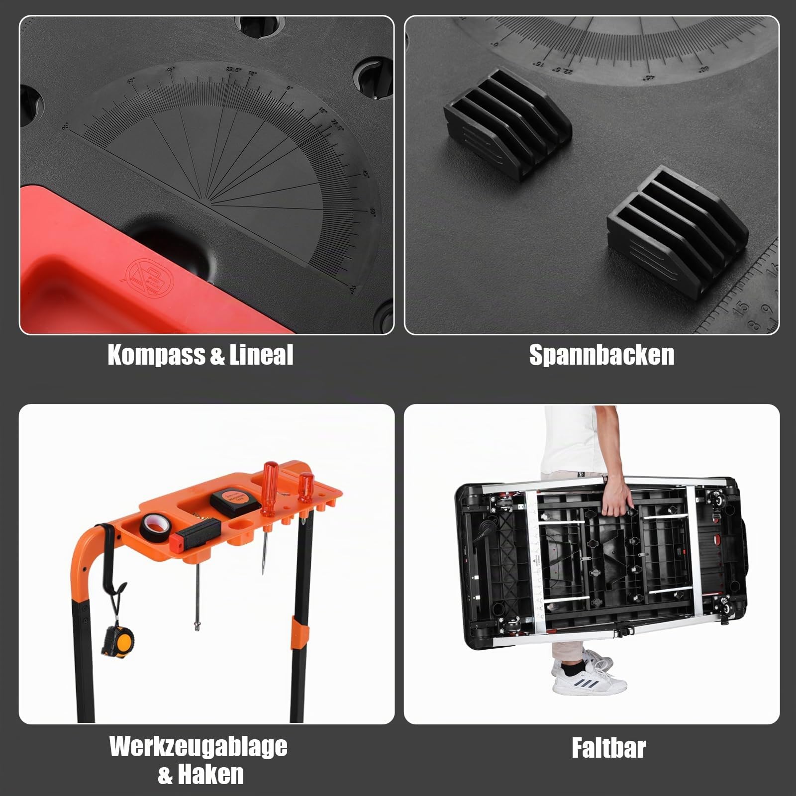 LIFERUN 7 in 1 Werkbank Klappbar,Faltbar Werktisch,Arbeitstisch Werkstatt Höhenverstellbar,Tragbar Spanntisch mit Integrierte Steckdose,Sackkarre Transportkarre mit 4 pcs Rollen,für DIY-Arbeitsplatz | Tragbar Spanntisch mit Integrierte Steckdose, Höhenver