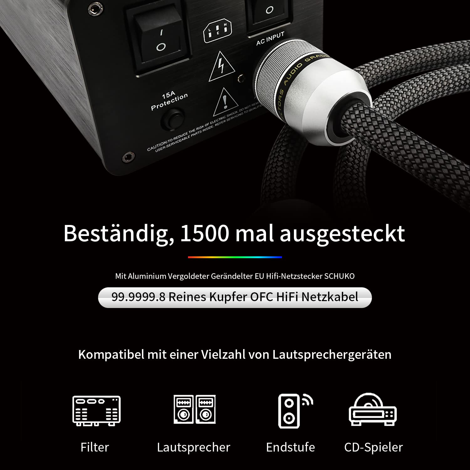 Tertullus HiFi High End Netzkabel C15 Stromkabel HiFi Audio kaltgerätekabel Mit Schukostecker & Kaltgerätestecker (E820, 2m)