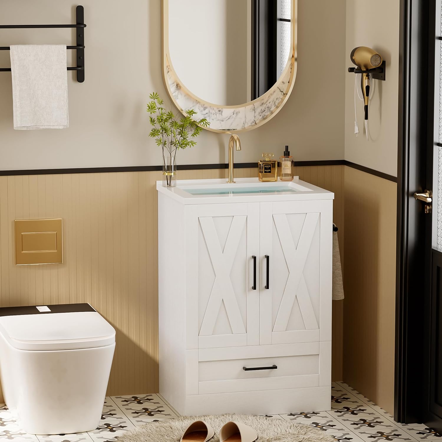 YESHOMY Bathroom Vanity with Sink, 24" Wood Fixture Stand Pedestal Bathroom Cabinet with Drawer, Farmhouse Cabinet Easy Assembly, White