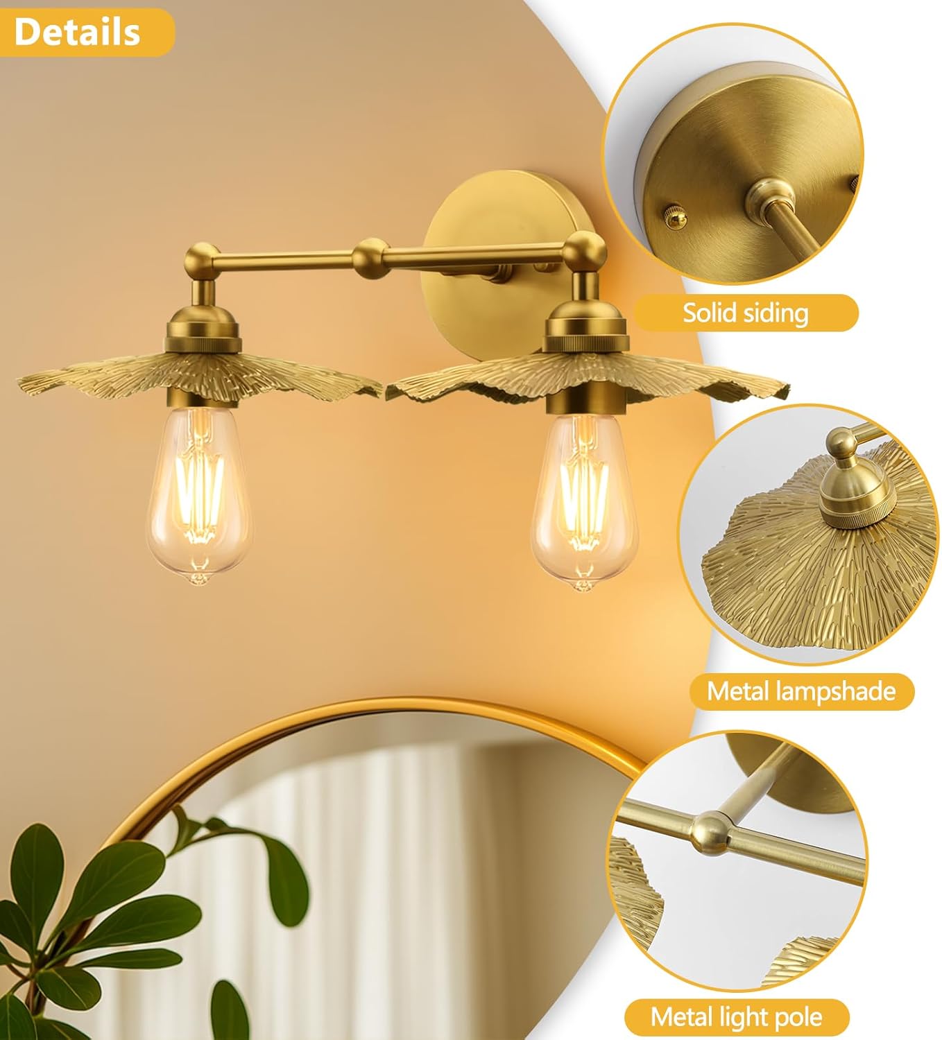Vintage Brass Double Wall Sconce Fixture, Double Head Gold Wall Sconce with Decorative Petal Shade, Industrial Style Bathroom Vanity Wall Light, Suitable for Bedroom, Hallway, Bathroom
