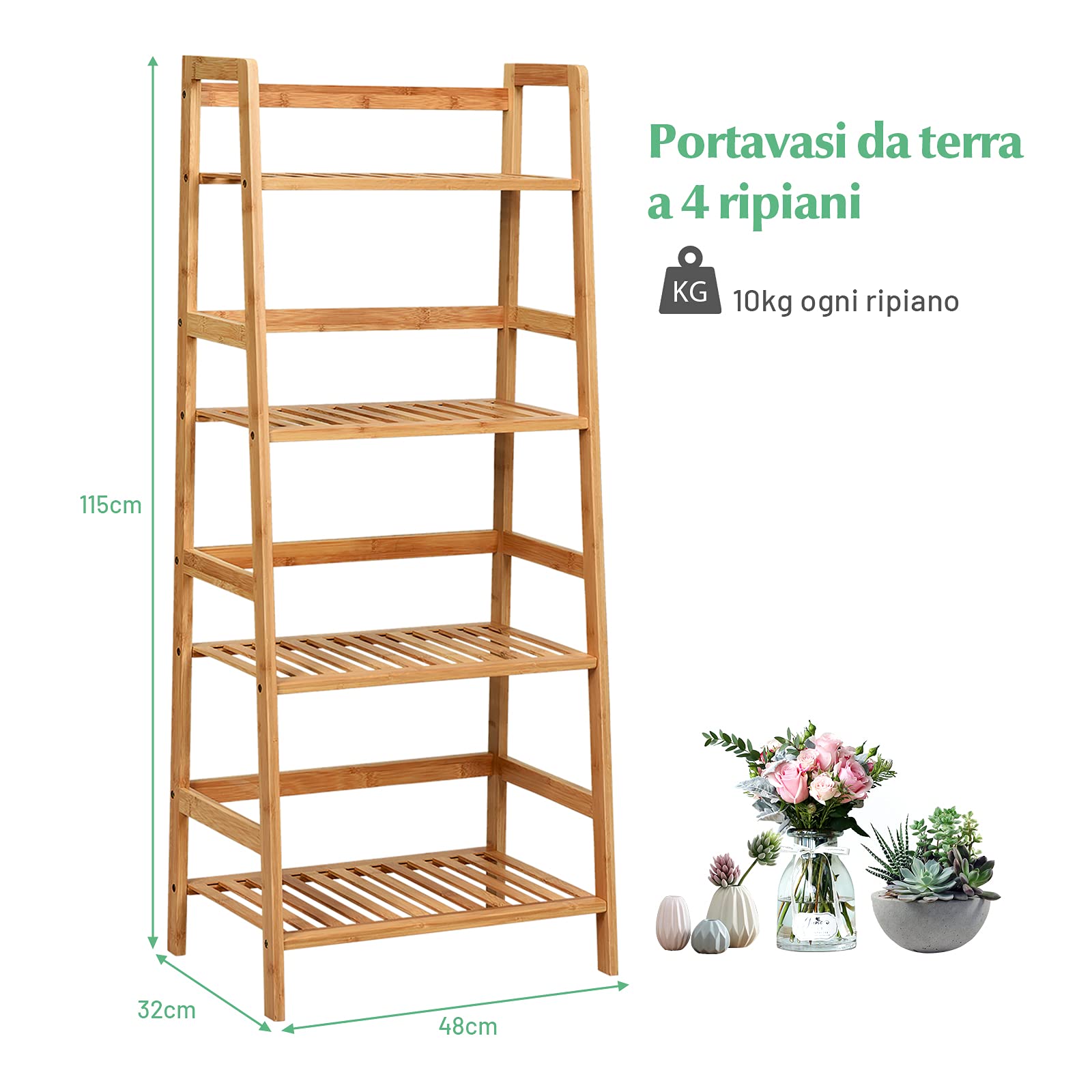 COSTWAY Scaffale per Piante in Bambù a 4 Ripiani, Scaffale Porta Vasi da Interno ed Esterno, Scaffale Portafiori per Balcone, Giardino e Cortile, 48 x 32 x 115 cm (Naturale)