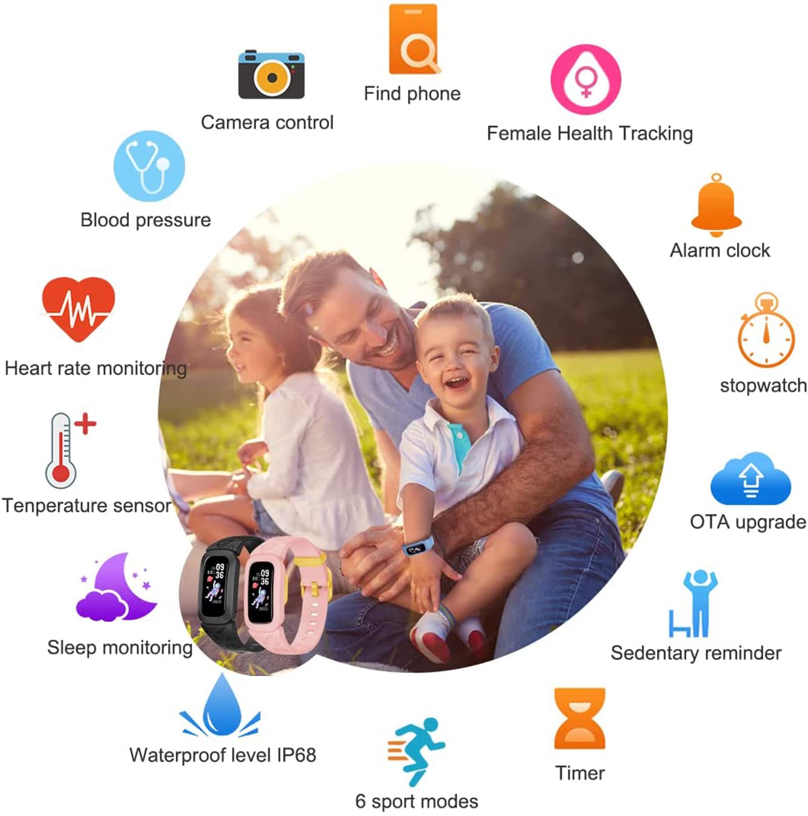 Wodoodporny smartwatch dla dzieci, dziewcząt, chłopców, nastolatków, monitor aktywności, krokomierz, monitor snu, budzik, monitor temperatury tlenu we krwi, opcjonalnie wielokolorowy