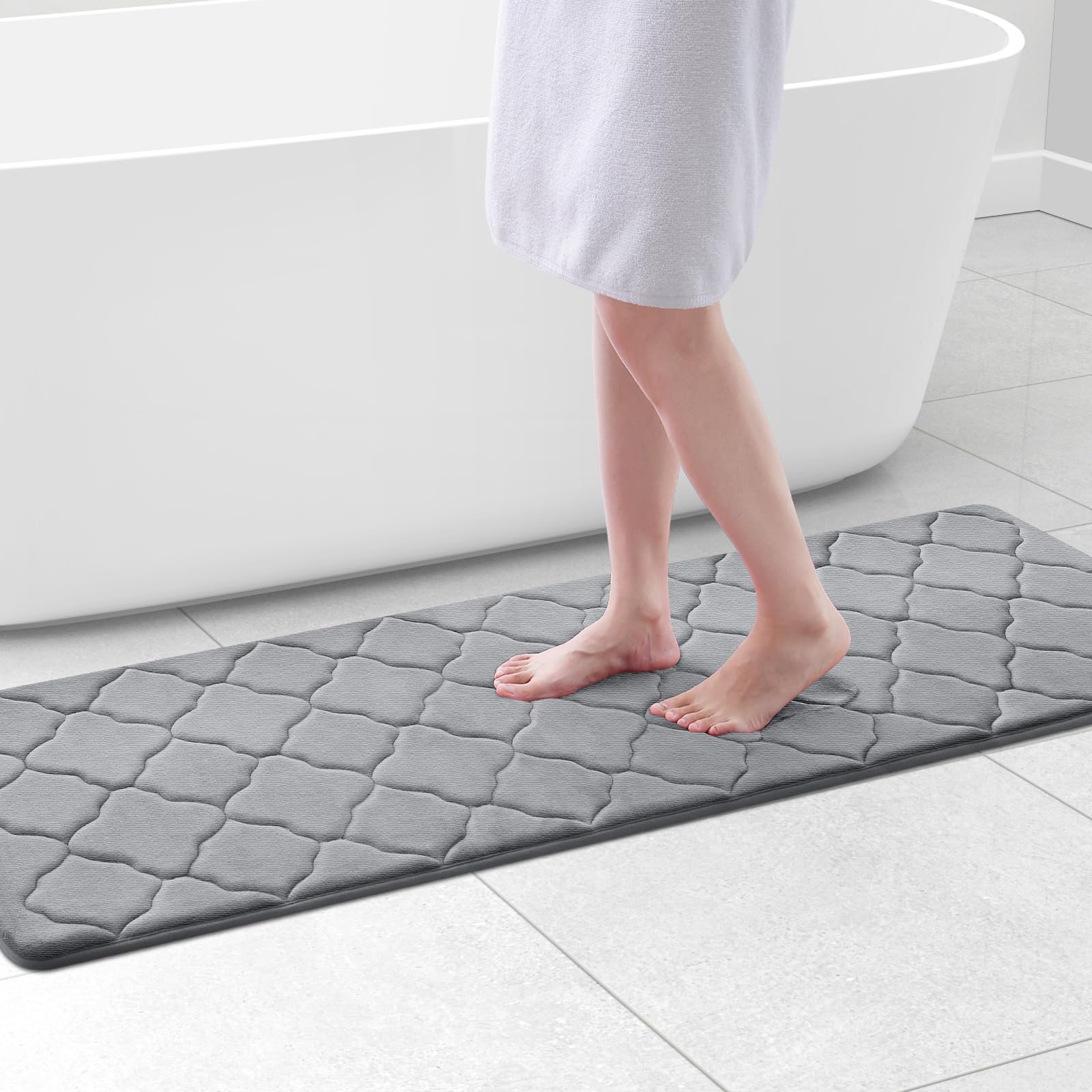 OLANLY Memory Foam Bath Mat Rug 59x20, Ultra Soft Non Slip and Absorbent Bathroom Rug, Machine Wash Dry, Comfortable, Thick Bath Rug Carpet for Bathroom Floor, Tub and Shower, Grey