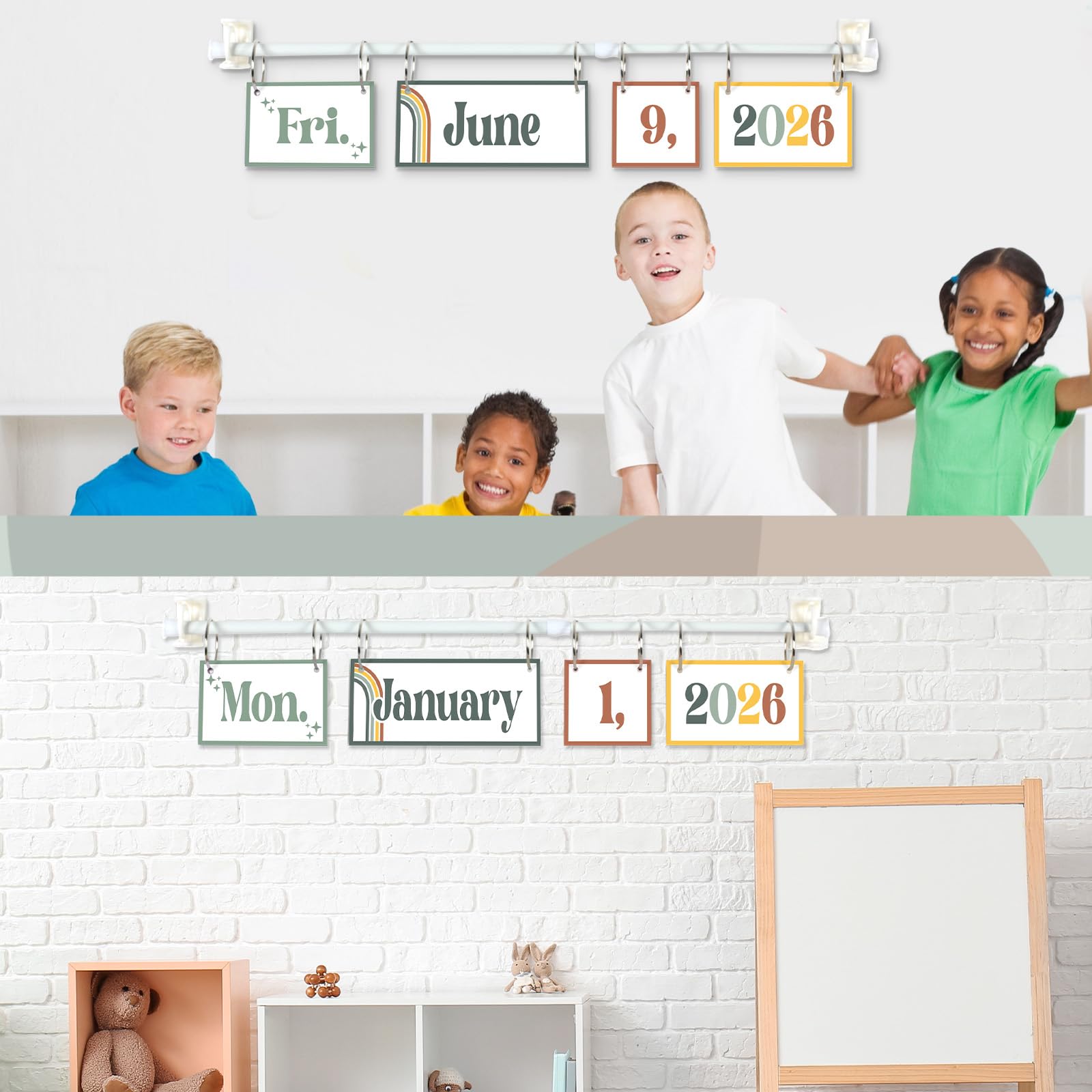 Set di calendari bohémien moderni e bohémien, con supporto, decorazione per aula bohémien, con 54 biglietti per data, supporto regolabile per calendario per aula e la casa