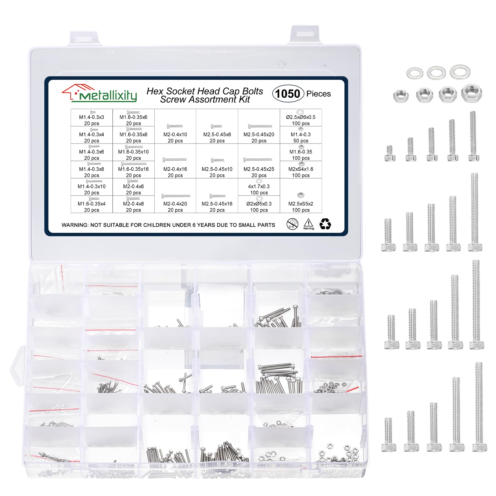 METALLIXITY Socket Head Cap Screws Kit (M1.4x3/4/6/8/10,M1.6x4/6/8/10/16) 1050Pcs, Stainless Steel Allen Socket Drive - Machine Internal Hex Screw, Silver โ image 1