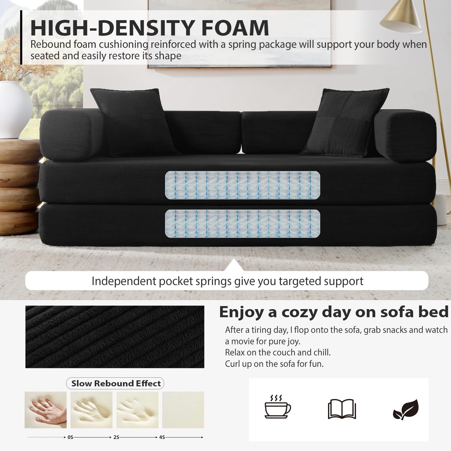 HANXIN 78 Inch Convertible Sleeper Sofa Bed, Folding Floor Mattress Couch with Fixed-Shape Frame, Futon Boneless Couch Lounge Loveseat with Pull Out Bed, No Assembly Required (Black) Black 78" Loveseat Sofa Bed