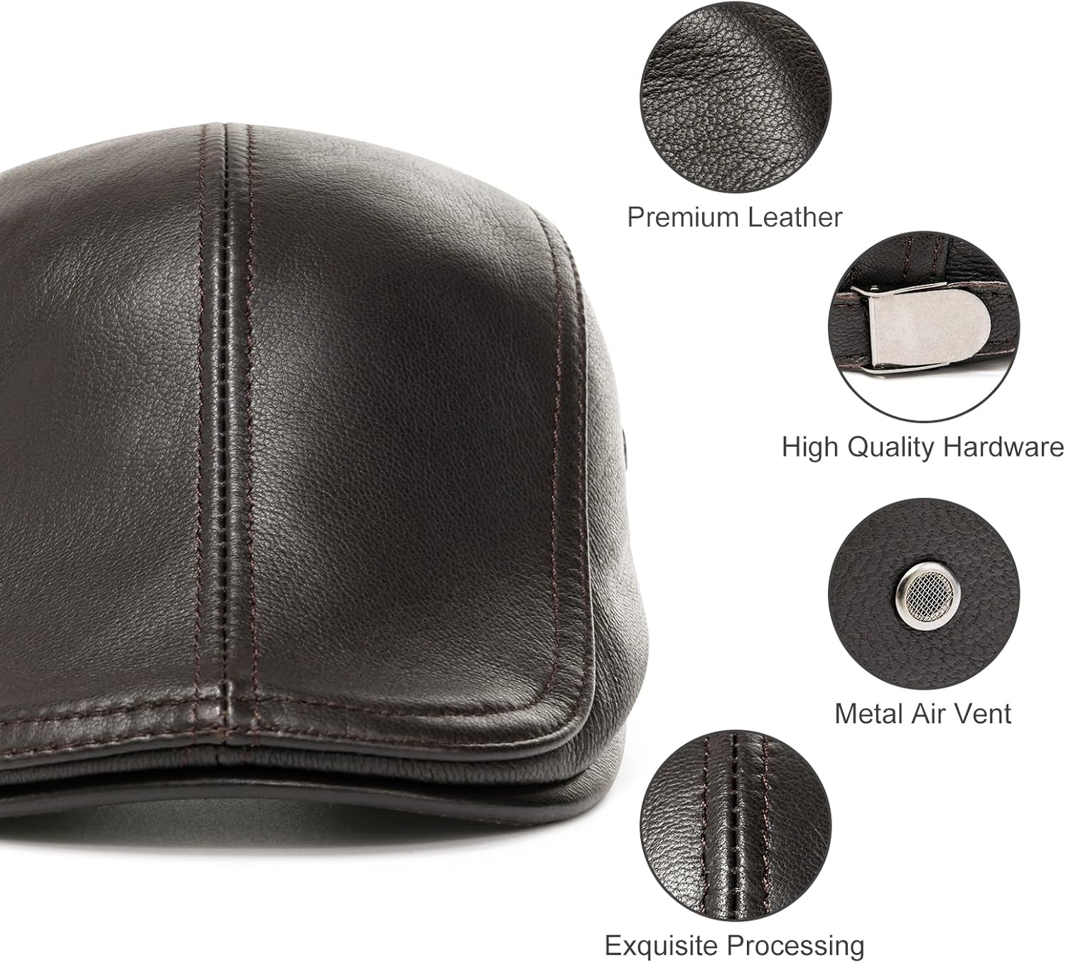 BOTVELA Men's Genuine Newsboy Leather Hat Adjustable Golf Flat Ivy Cap Gatsby Driving Beret Hat - Image 2