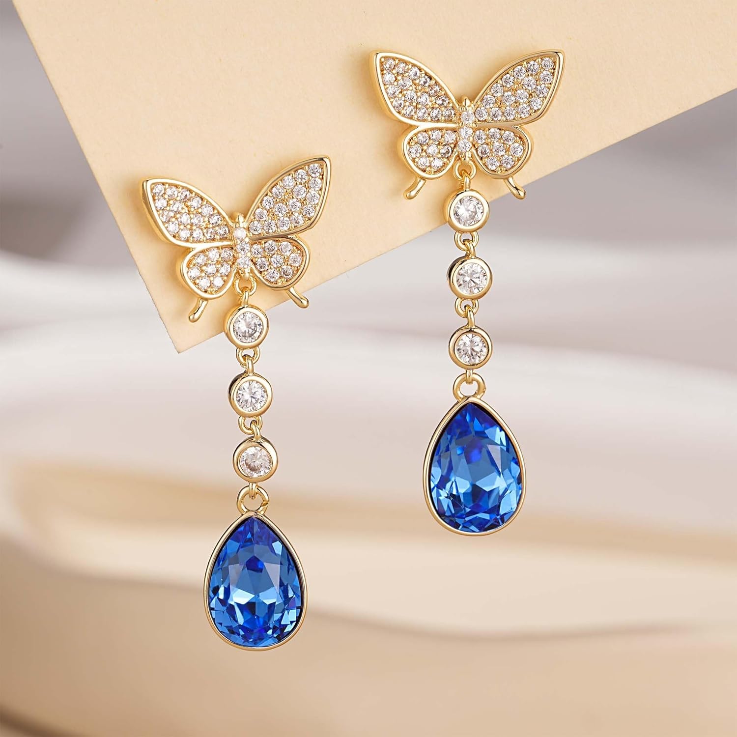 EVEVIC Austrian Crystal Teardrop Butterfly Dangle Stud Earrings for Women 14K Gold Plated Drop Earring Hypoallergenic Jewelry Gifts - Image 3