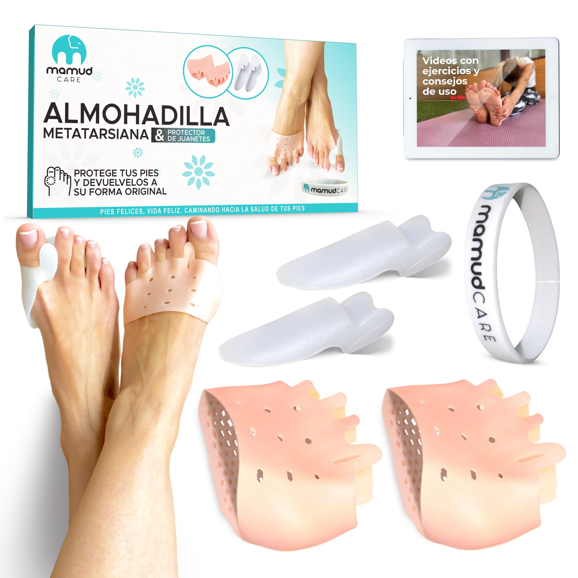 Mamud Care Almohadilla Metatarsiana, Separador Dedos Pie y Corrector de Juanetes, Apto Para Usar con Calcetines y Calzado, Libre de BPA, Hallux Valgus y Dedos Superpuestos, Video Ejercicios y Consejos