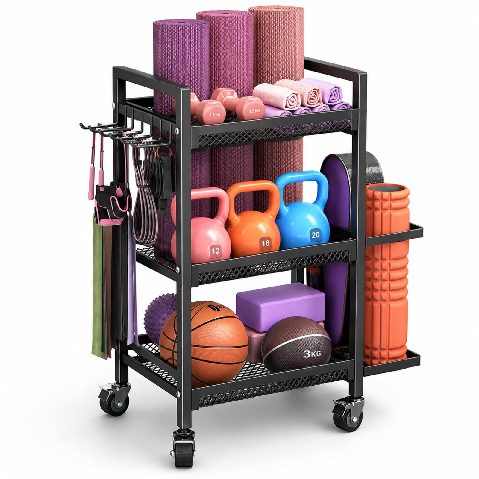Soporte de pesas para gimnasio en casa, con ruedas, 3 niveles | Esterilla de yoga, estantería y bandeja para pesas, pesas rusas, rollo de fascia, organizador de equipos deportivos de acero
