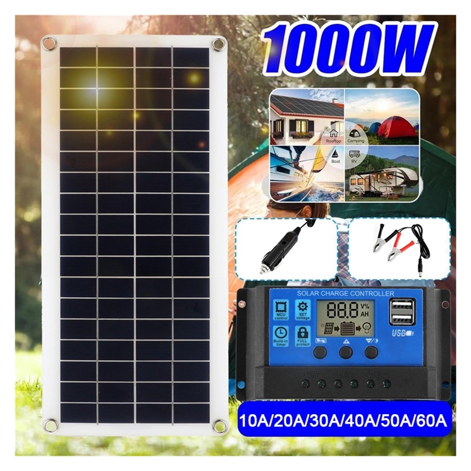 łAdowarka Z Panelem SłOnecznym Panel słoneczny 12V ogniwo słoneczne 10A-60A kontroler Panel słoneczny do telefonu ładowarka samochodowa RV zewnętrzna bateria(Only Solar Panel)