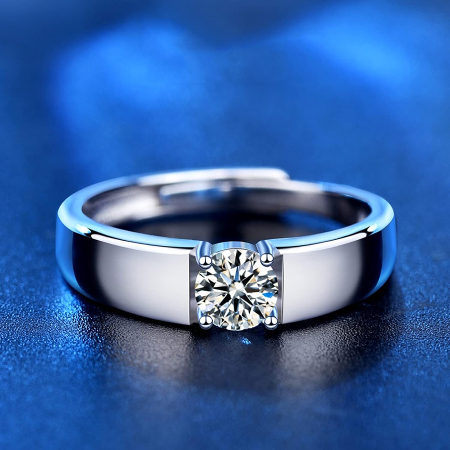 Couples Engagement Rings, Wedding Ring Sterling Silver Simple Polished Solitaire Round Moissanite Promise Rings Silver