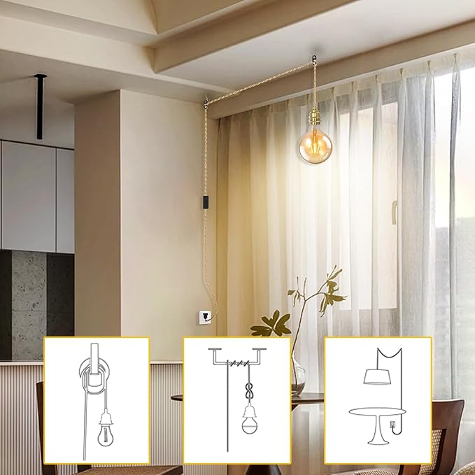 JZCDR Gouden hanglamp met stekker, metaal, keramiek, E27, lampfitting met kabel, 3,5 m textielkabel, vintage hanglamp met schakelaar en schroefring, doe-het-zelf, voor keuken, slaapkamer, woonkamer photo 3