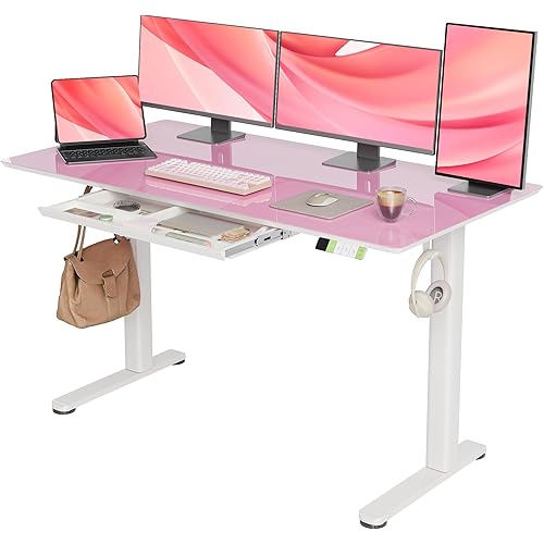 INNOVAR Glass Standing Desk with Drawers, Adjustable Height Stand Up Desk, Electric Standing Desks with Storage, 55 inch, Morandi Powder